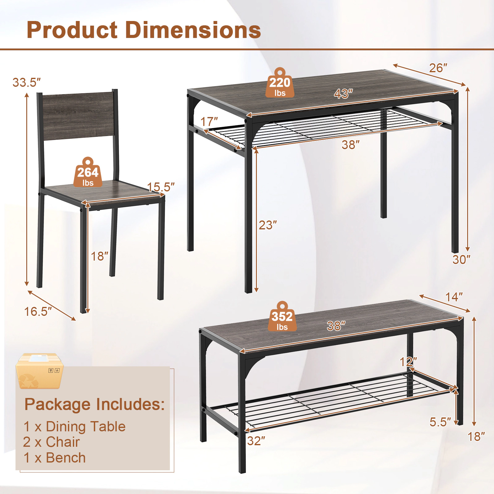 SUGIFT 4-Piece Gray Metal Dining Set, 43-Inch Rectangular Table, Bench, 2 Chairs, Storage Shelves