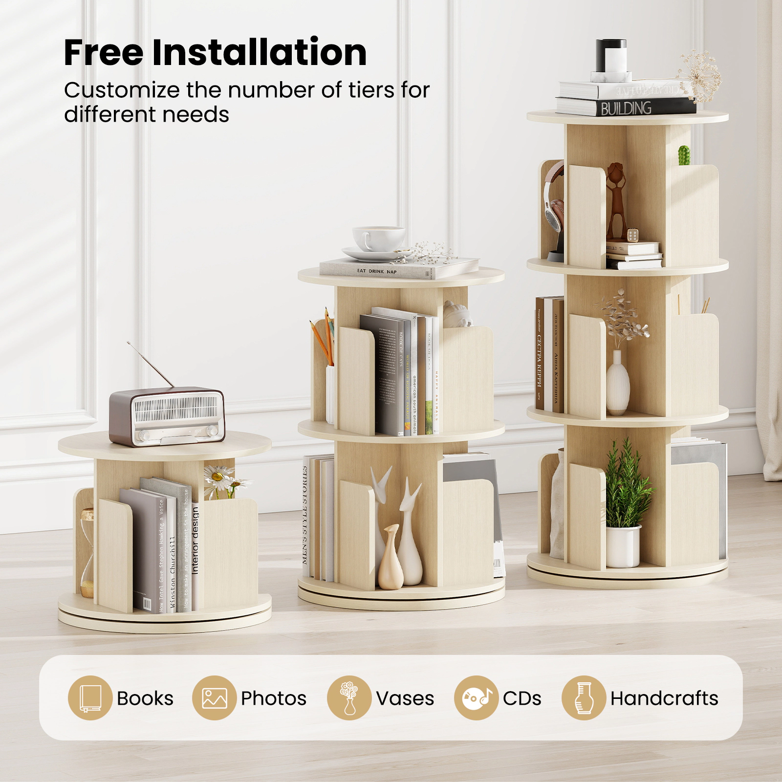 SUGIFT 3-Tier 38.5-in Rotating Bookshelf with 360-Degree Swivel Base Dividers and Anti-Falling Baffles
