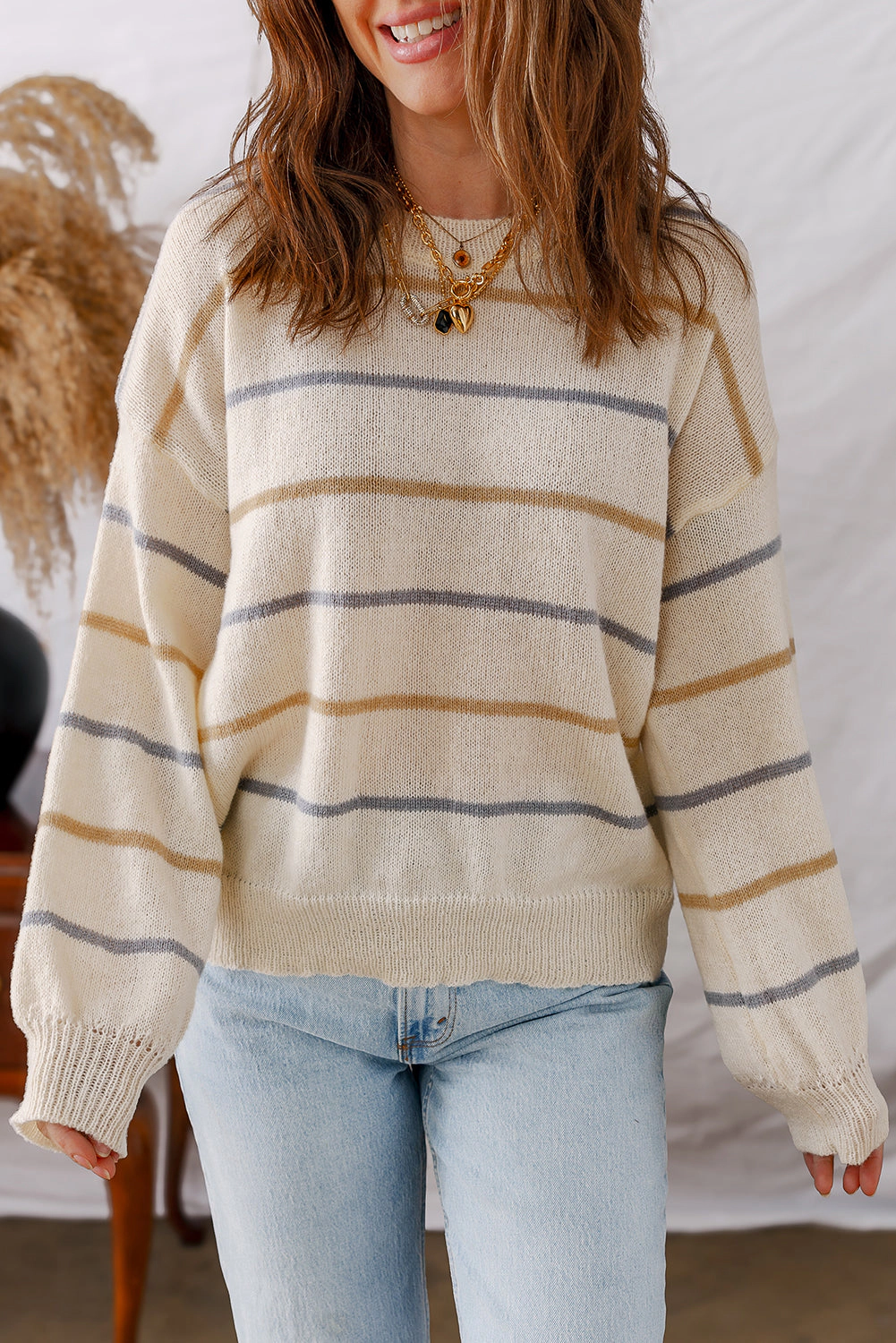 Threaded Pear Women's Eden Striped Ribbed Edge Drop Shoulder Sweater