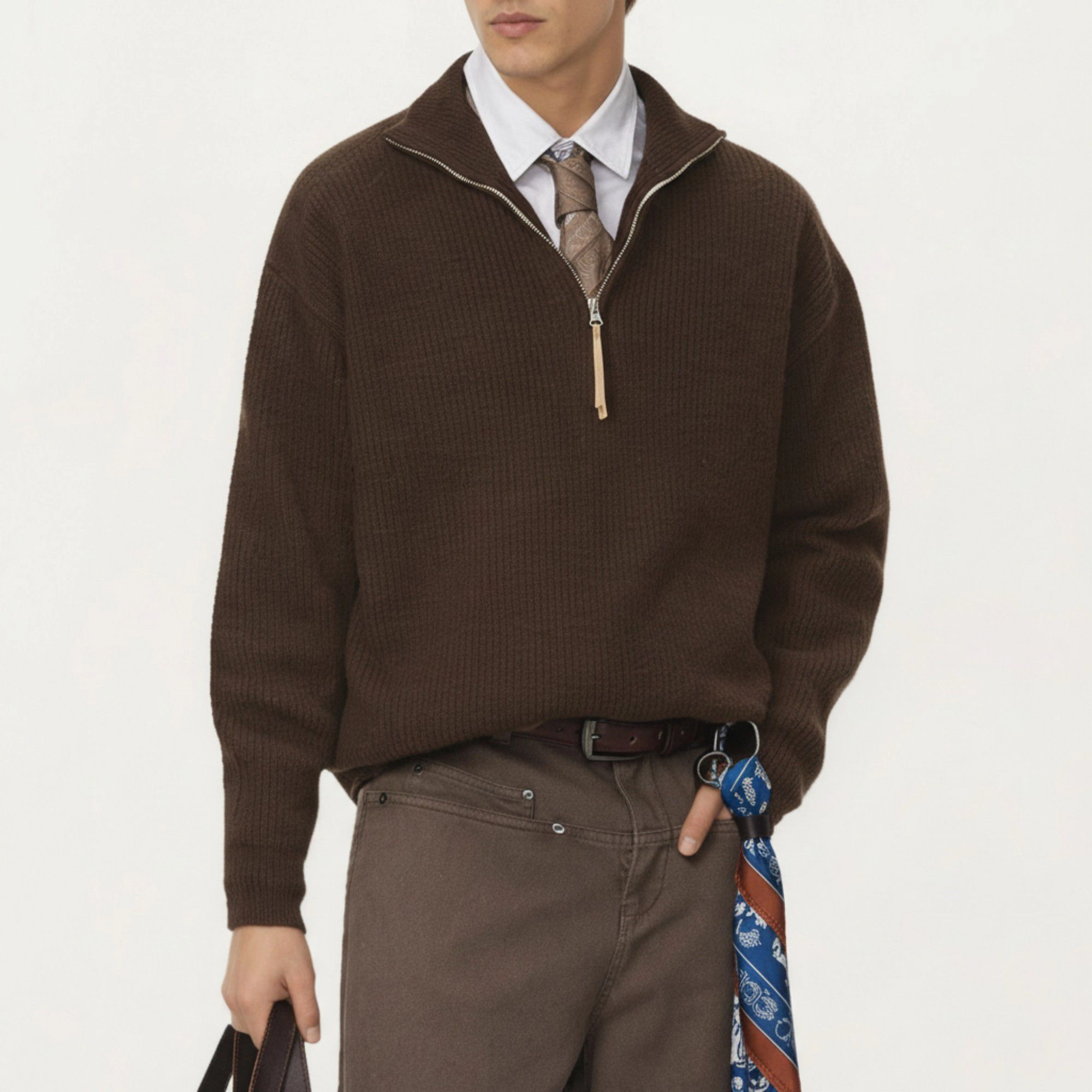 Anna-Kaci Men's Ribbed Half Zip Sweater with Relaxed Fit and Stand Collar Design