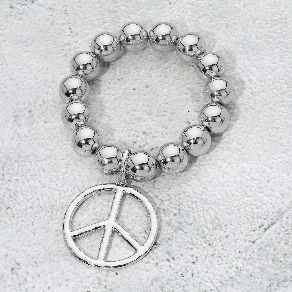 FASHNZFAB Metal Peace Sign Charm Round Beaded Stretch Bracelet