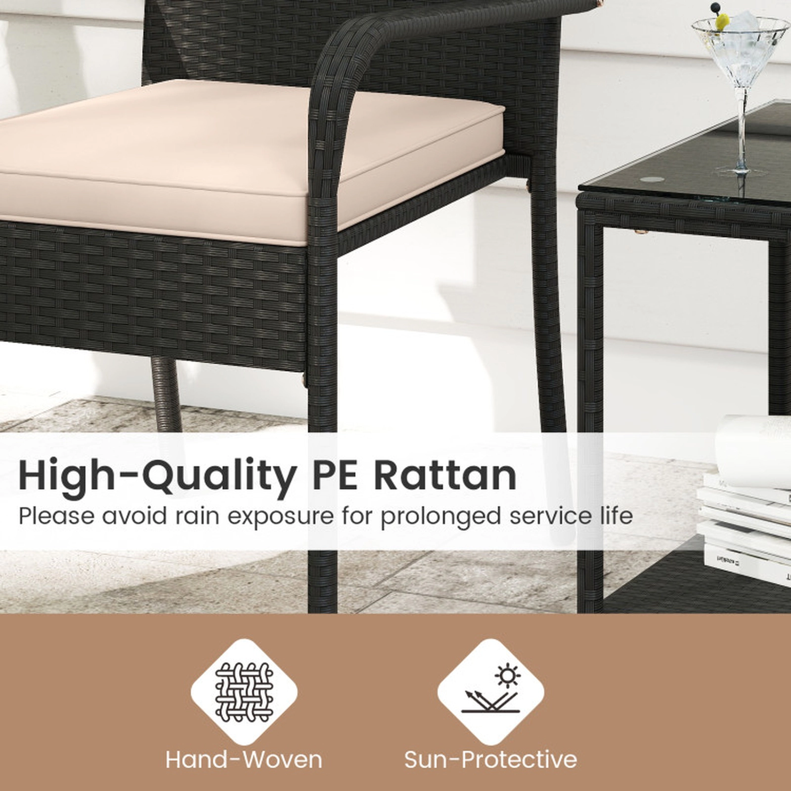 SUGIFT Seat Cushions and 2-Tier Side Table 3-Piece Patio Rattan Chair Set