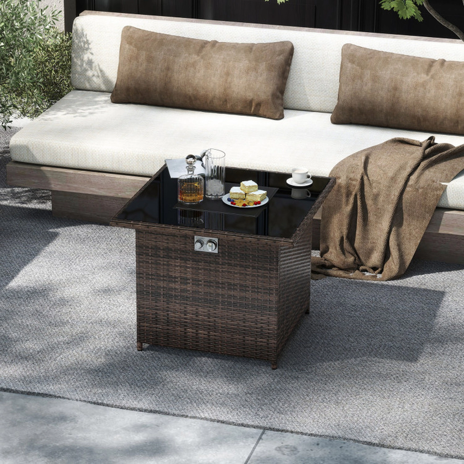SUGIFT 32.5-Inch Brown PE Rattan Propane Fire Pit Coffee Table, 50,000 BTU