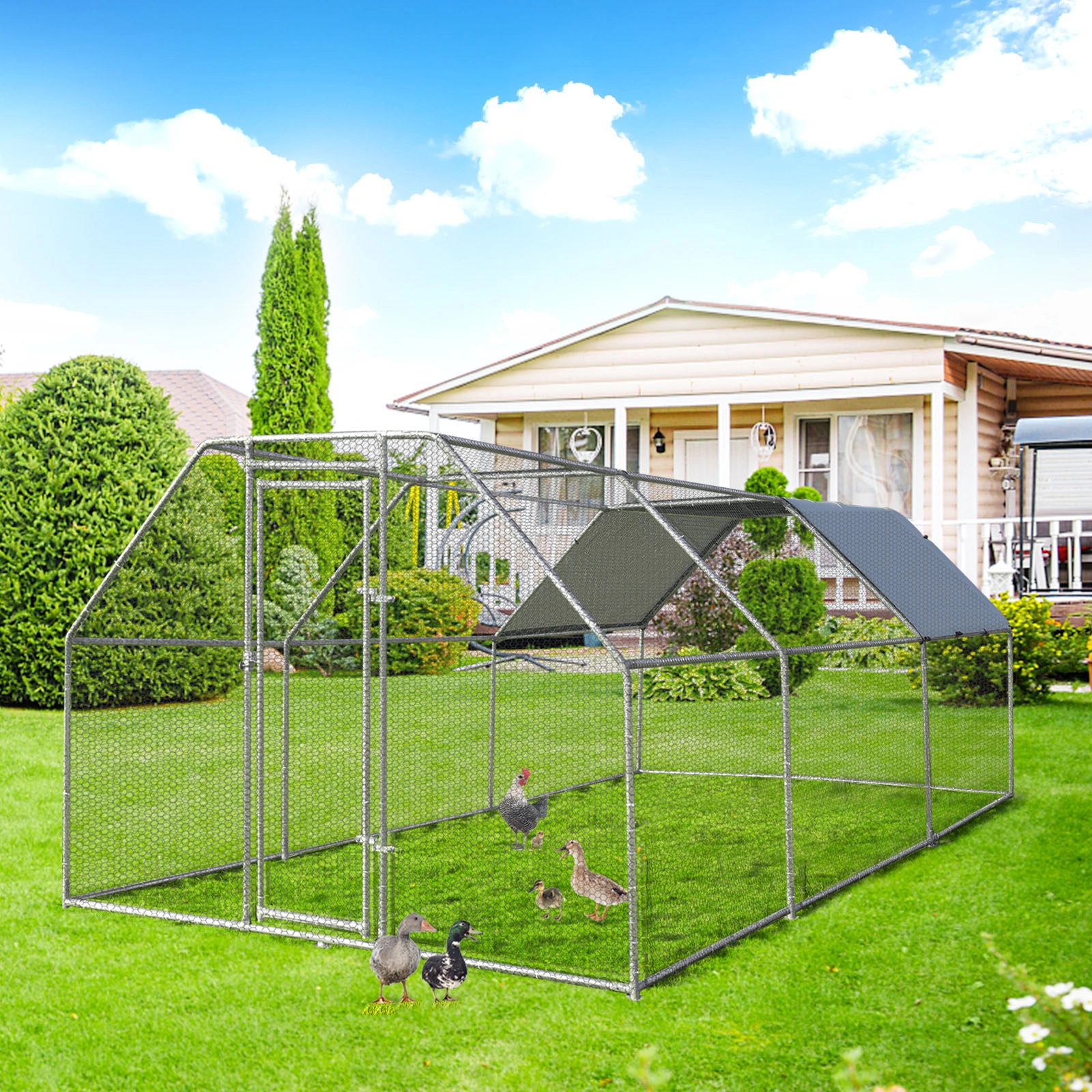SUGIFT Silver Large Walk-In Chicken Coop Pet House with Galvanized Steel Frame 9.5-ft W 19-ft D 6-ft H