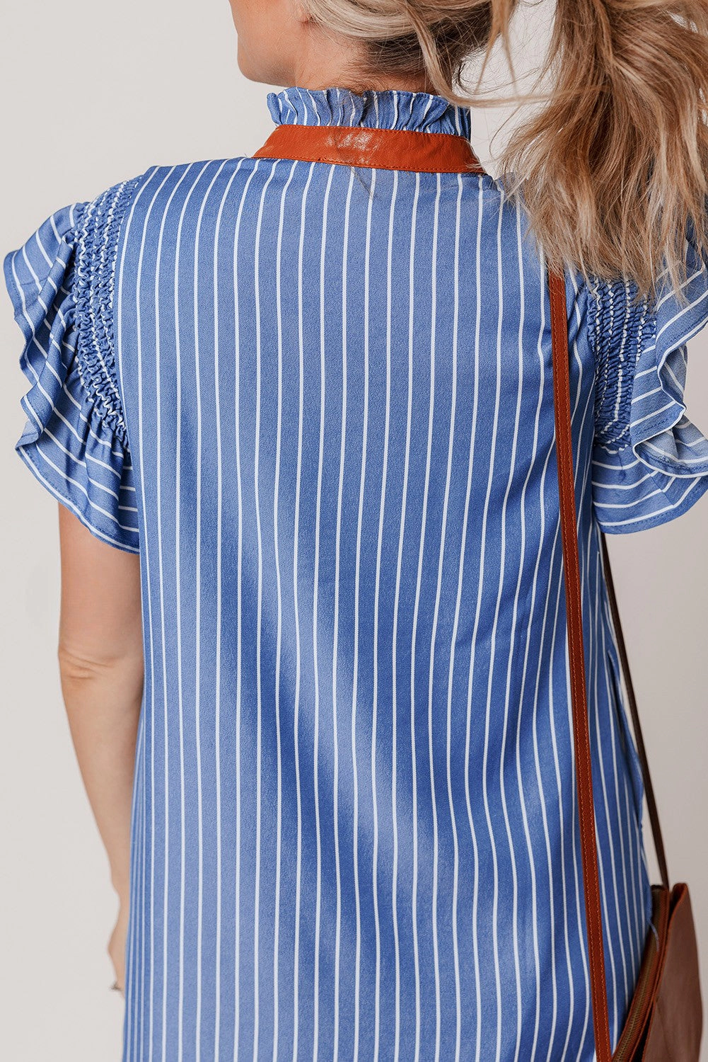 Threaded Pear Women's Leah Stripe Frilly Split Neck Shirred Ruffle Sleeve Dress