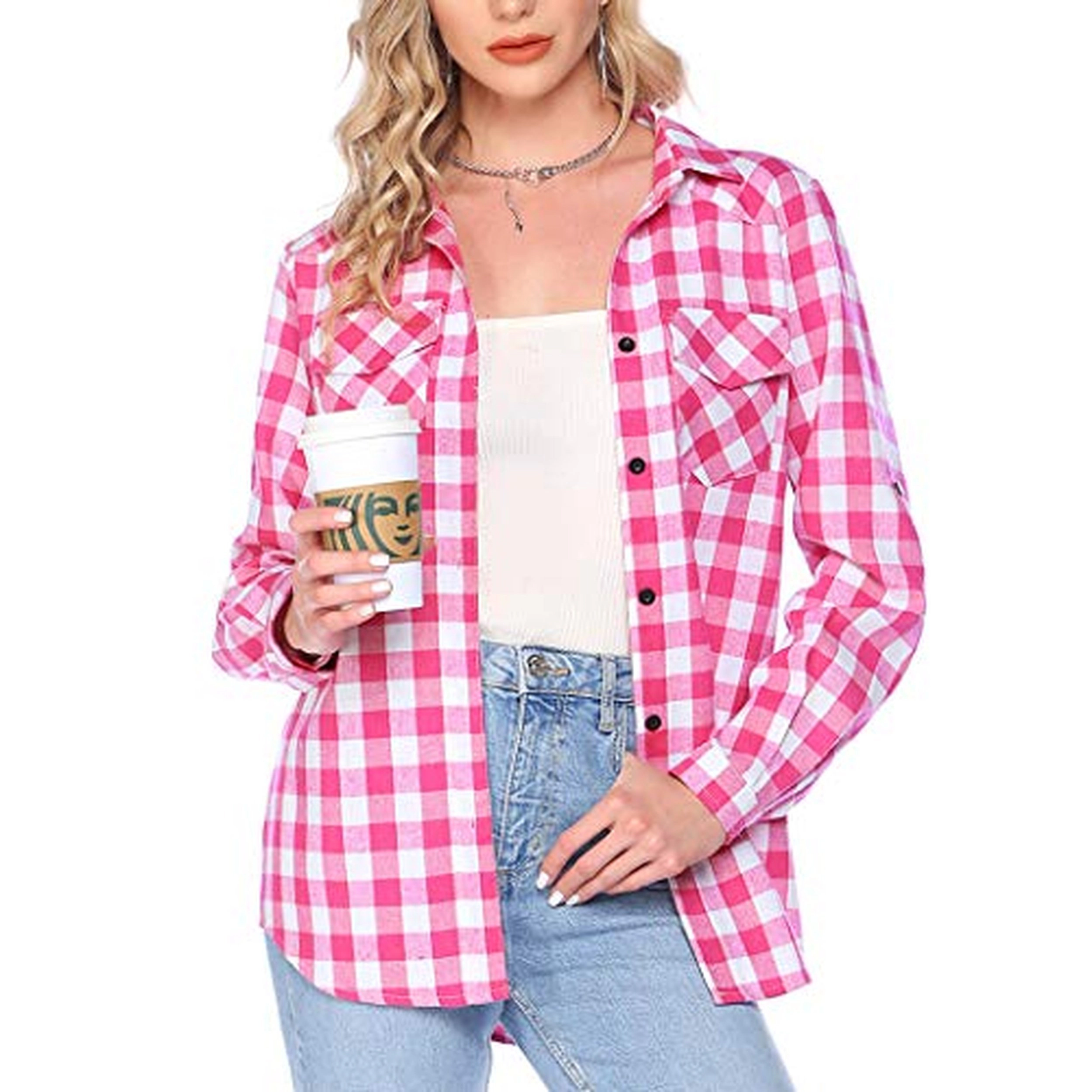 Zeagoo Flannel Shirt for Women Long Sleeve Mid-Long Shirts with Pockets