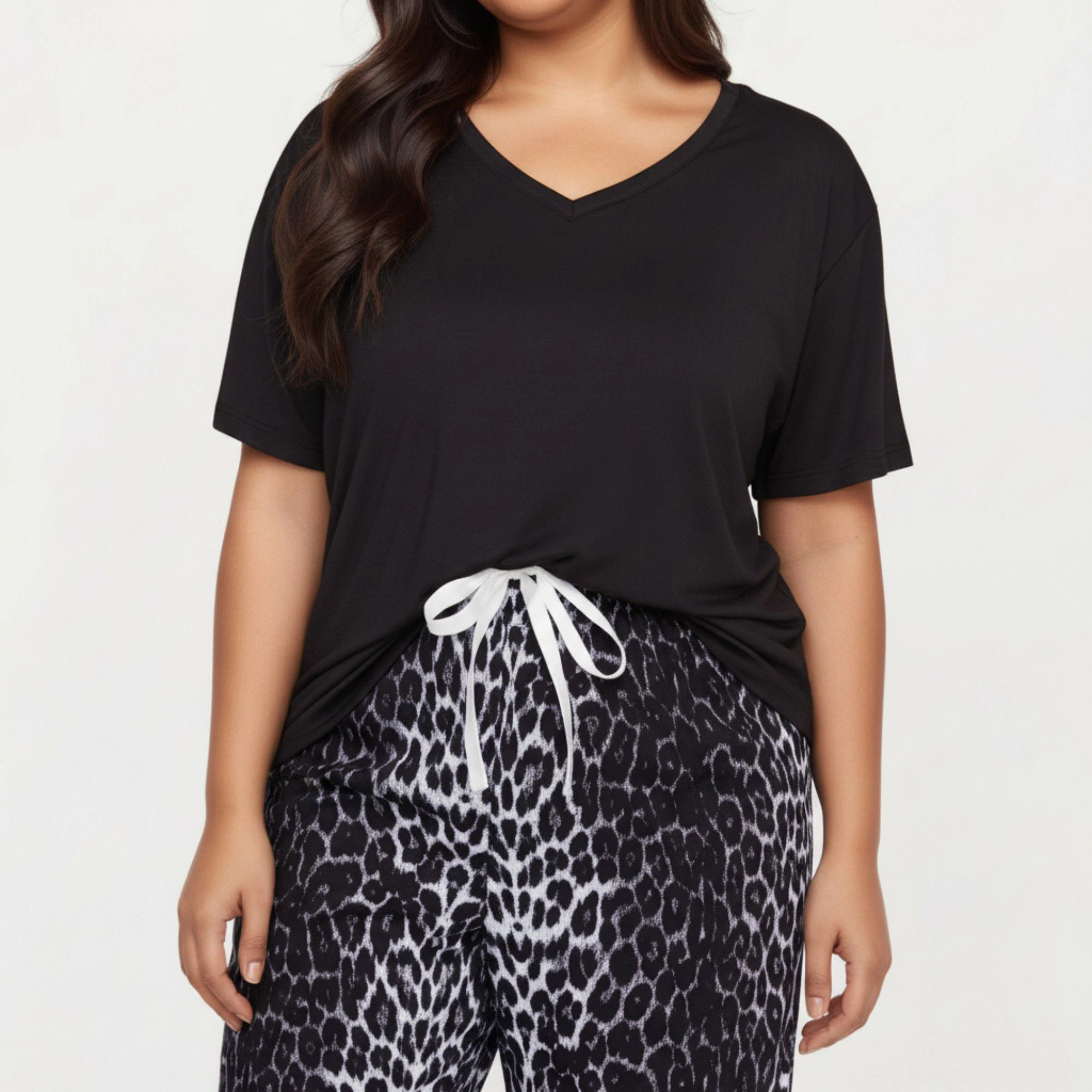 Anna-Kaci Women's 2-Piece V-Neck Short Sleeve Top and Leopard Print Pajama Pants with Soft Stretch Fabric