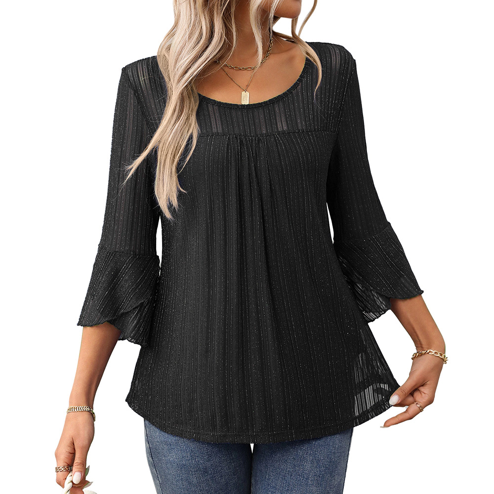 Premium Charms Womens 3/4 Bell Sleeve Pleated Blouse Loose Tunic Top