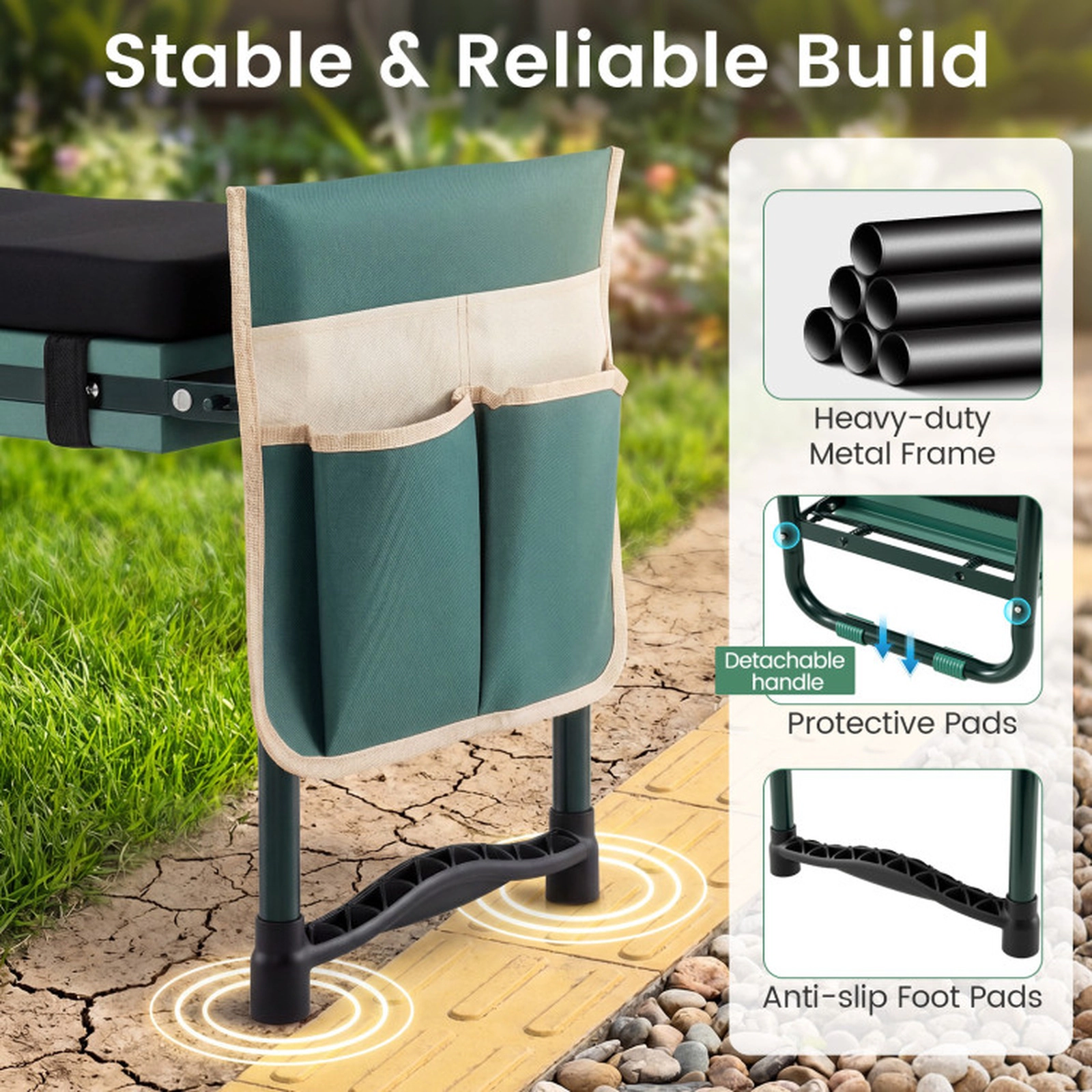 SUGIFT Foldable Detachable Kneeling Pad EVA Padding Garden Kneeler Seat 21-in x 12-in x 17-in 350-lb Capacity Green