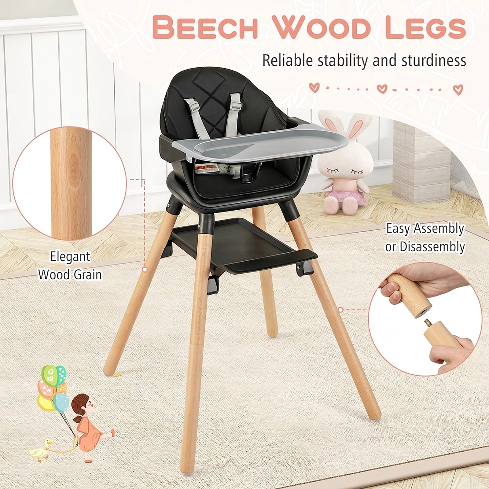 6-in-1 Baby High Chair Booster Seat and Toddler Table and Chair Set with 5-Point Safety Harness and Waterproof Cushion