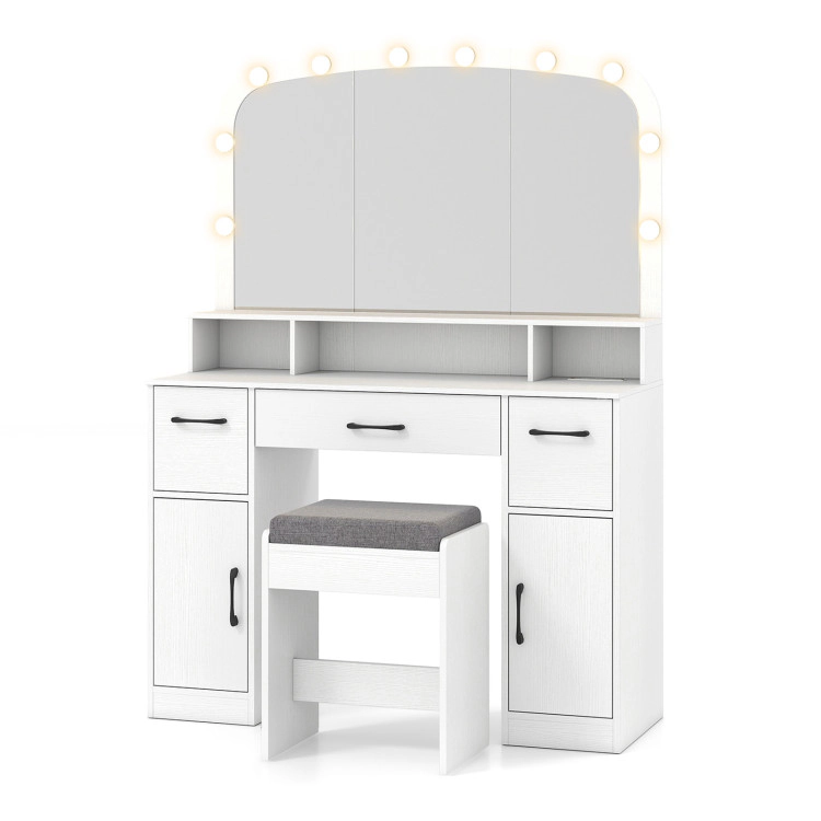 Hivvago Vanity Desk Makeup Table With Stool 3-Color Lights And Charging Station
