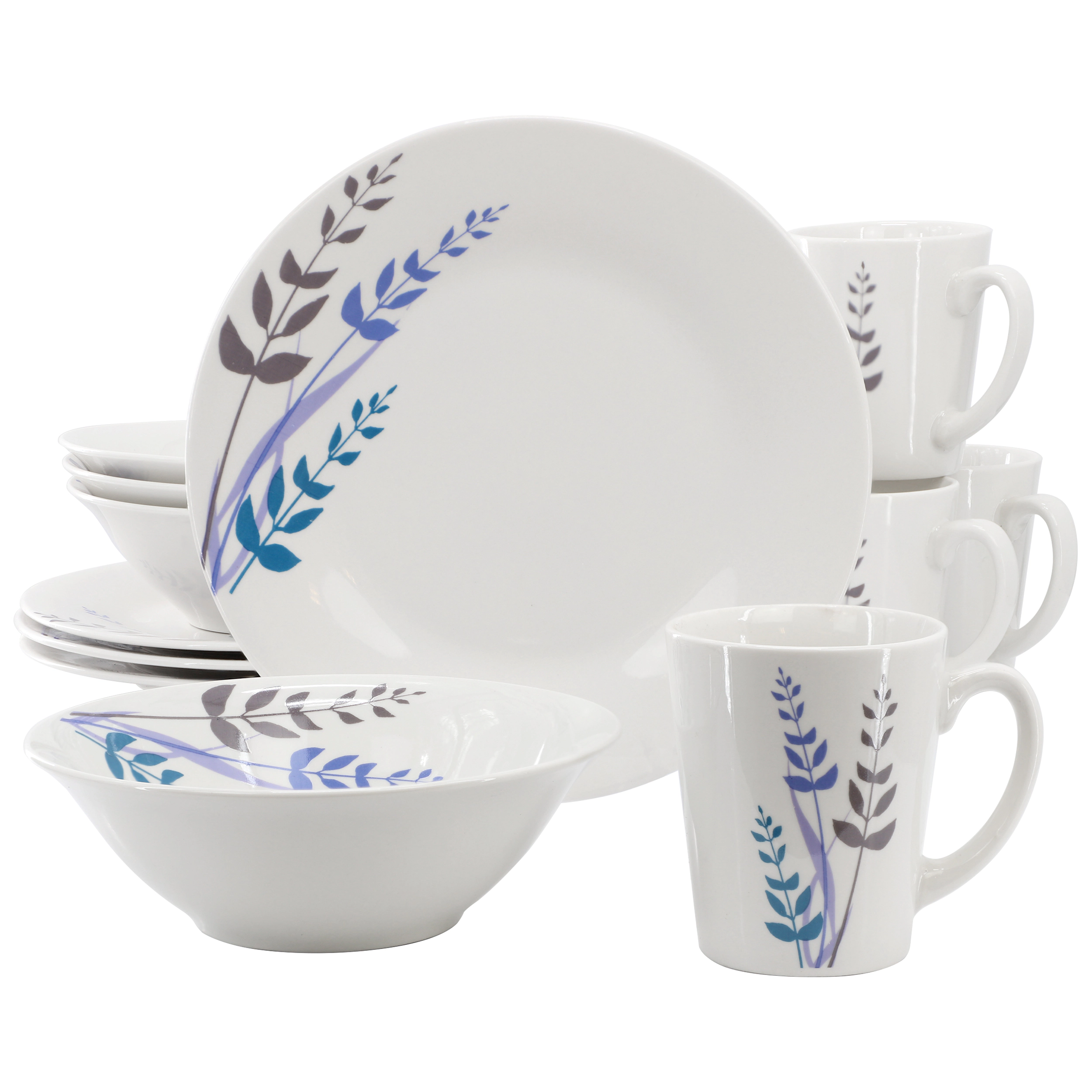 Gibson Home Blue Leaves 12 Piece Round Fine Ceramic Decorated Dinnerware Set in White