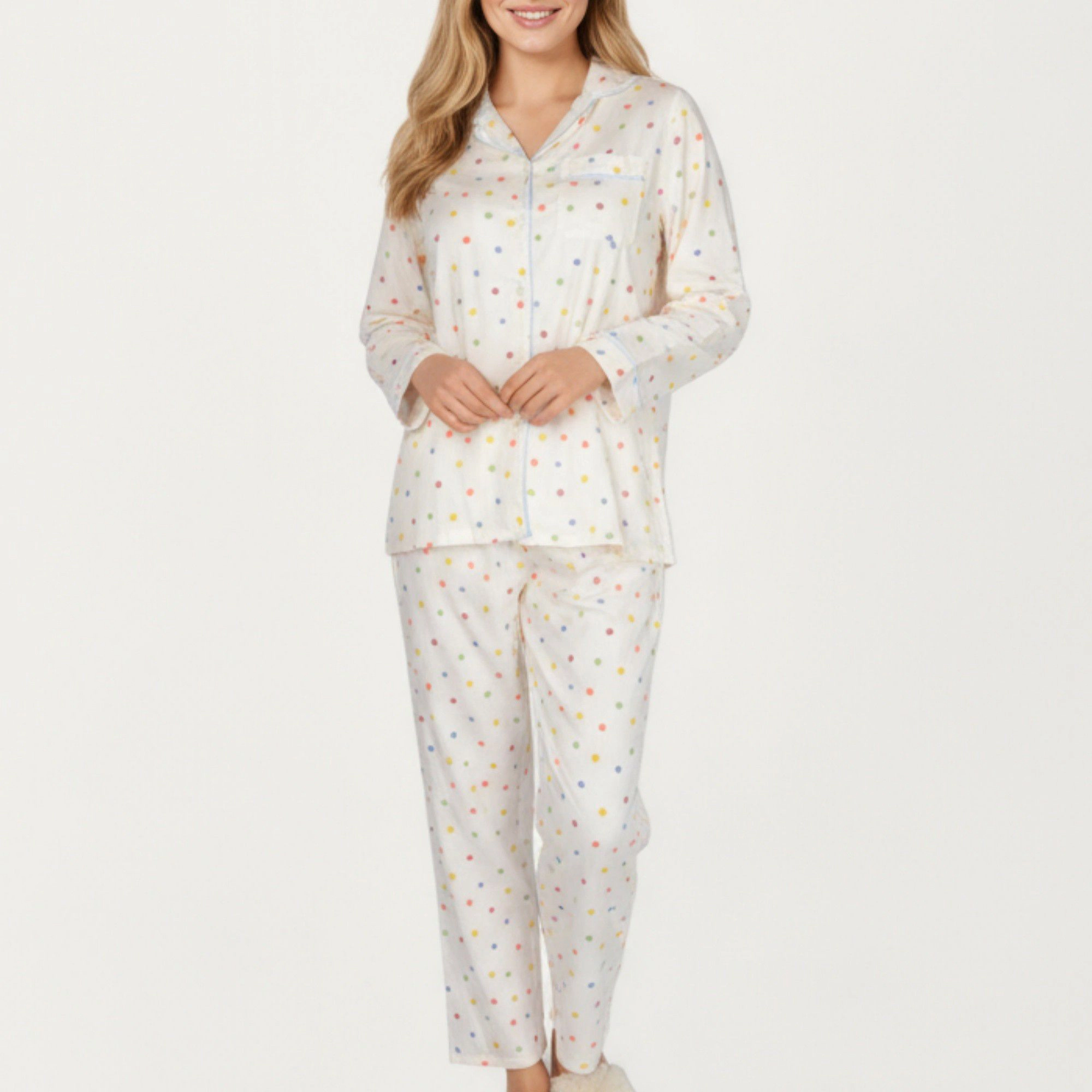 Anna-Kaci Women's 2-Piece Polka Dot Print Button Up Long Sleeve Pajama Top and Matching Pants