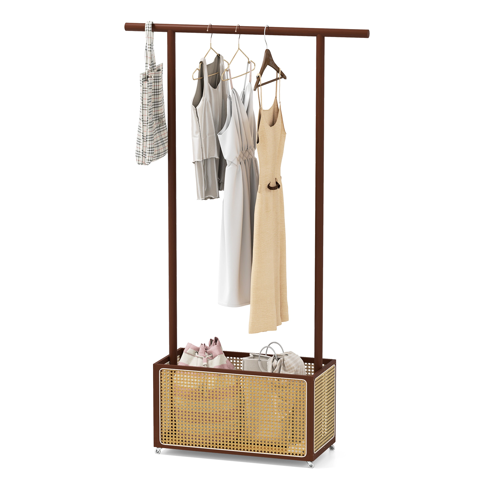 SUGIFT 68-in Freestanding Bamboo Clothes Rack with 15.8-gal Woven Rattan Storage Basket and Wheels