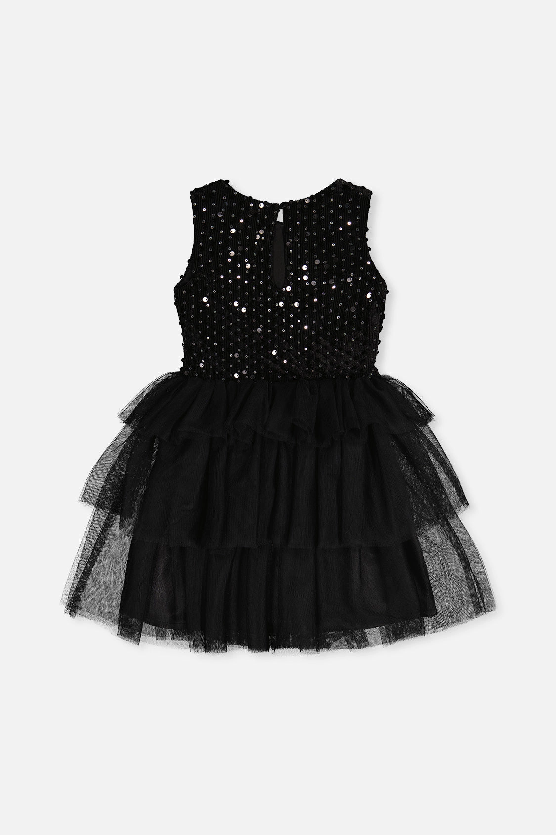 Deux par Girls Bi-Material Sparkle Velour Sleeveless Tiered Mesh Dress