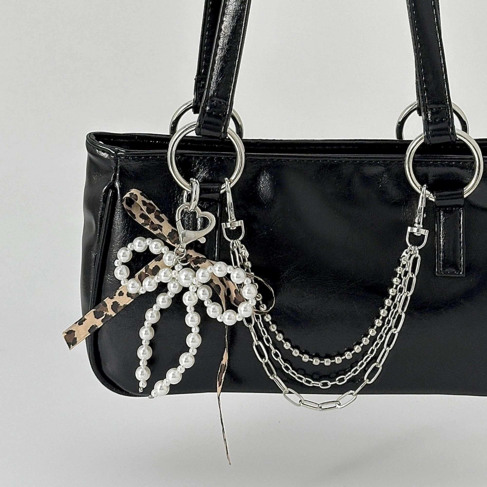 Alilang Women's Pearl Bow Chain Bag Charm with Leopard Ribbon Layered Silver Tone Clips for Bags and Jeans