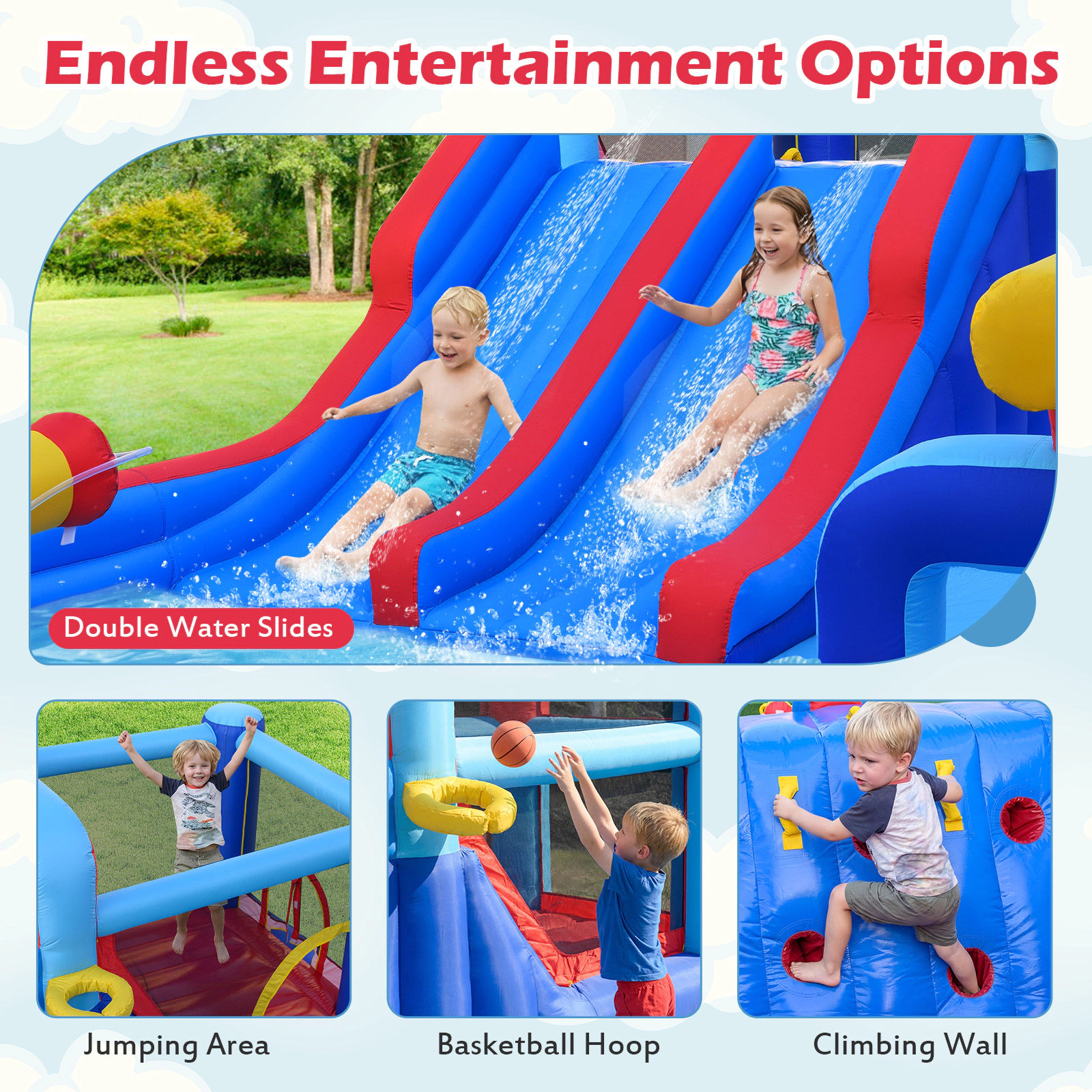 Hivvago Inflatable Water Slide Park Giant Bounce House with Double Slides with 750W blower