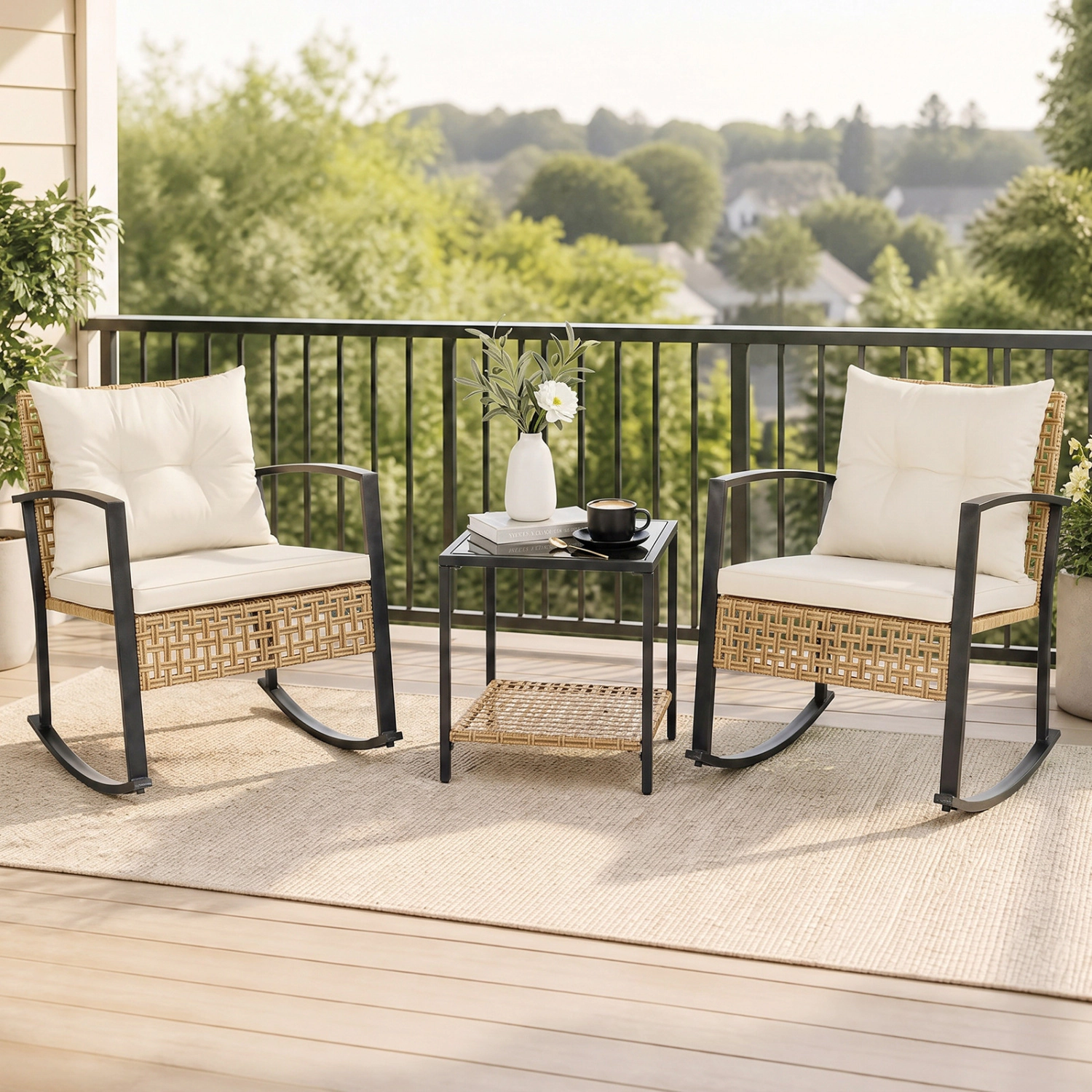 LJG 3-Piece Rattan Wicker Patio Conversation Set for Porch Balcony Garden Backyard