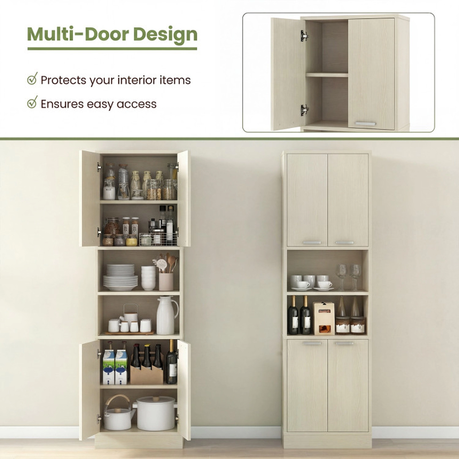 SUGIFT 75-in Tall 2 Cabinets 2 Open Shelves Kitchen Pantry Storage Cabinet 22-in x 12-in 300-lb Capacity Beige