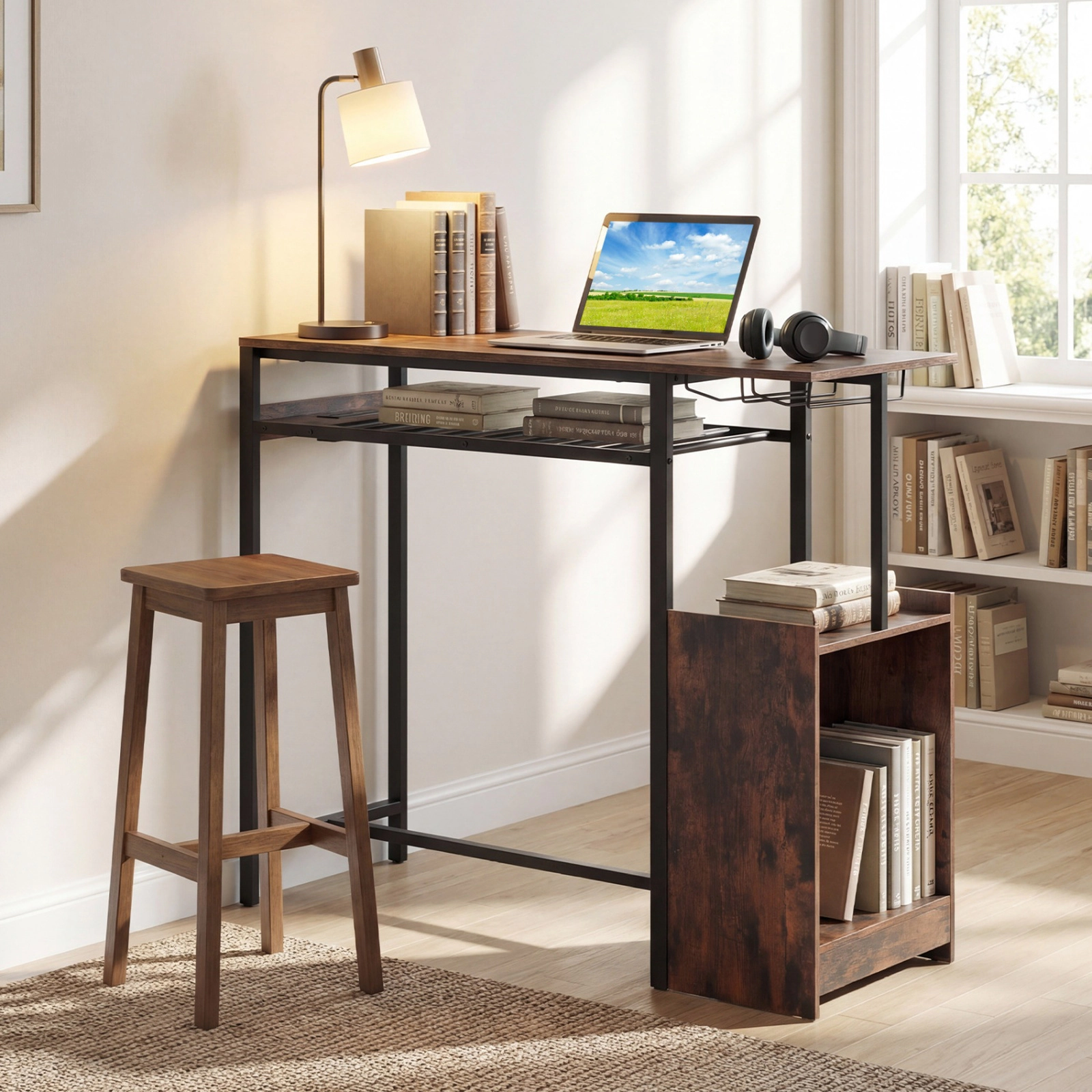 SUGIFT 43-In Counter-Height Pub Table, Rustic Brown, RGB LED Light, Charging Station and Wine Rack