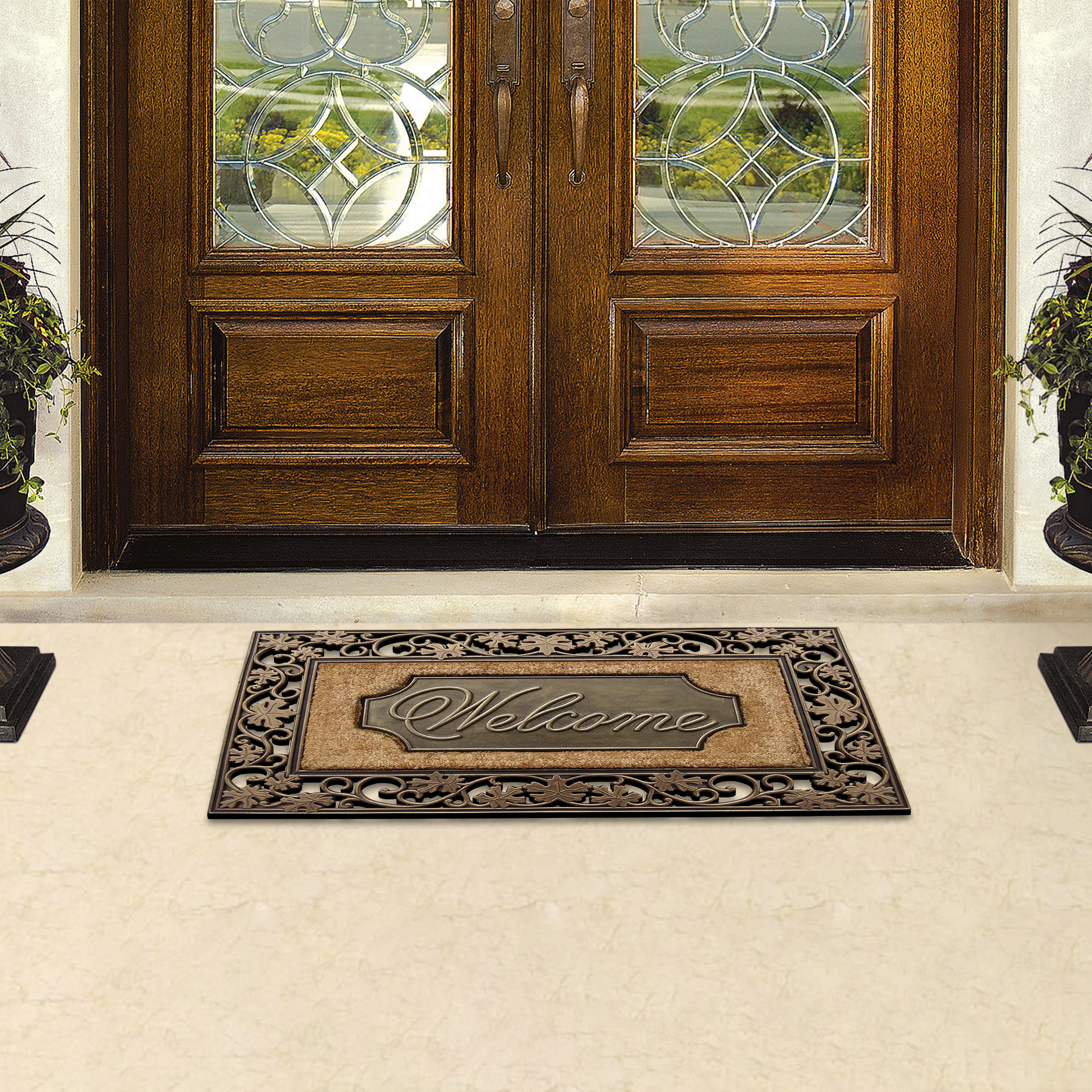 A1HC Coir and Rubber Door Mat 23x38 Inches Anti-Shed Heavy Duty Non-Slip Floral Border