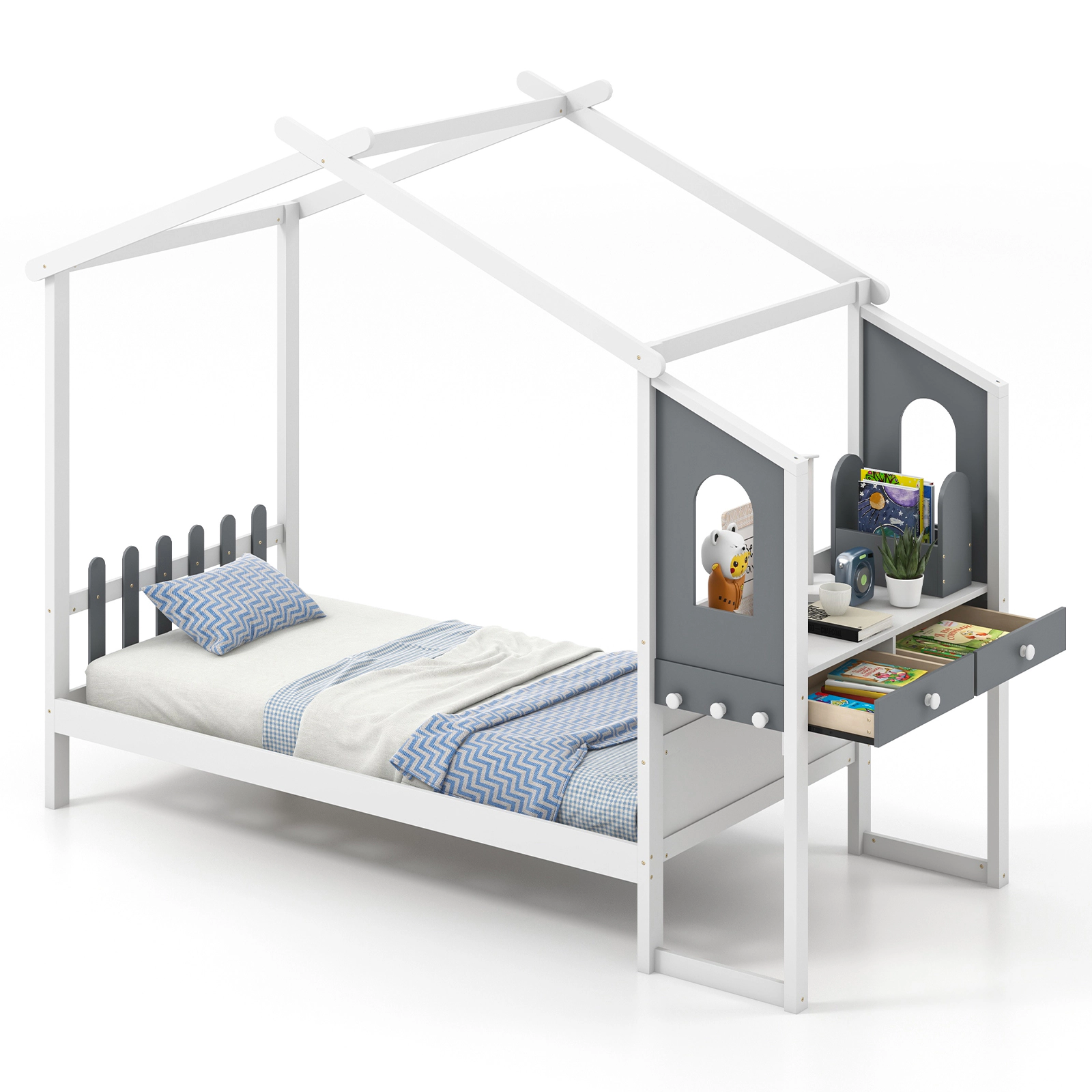 SUGIFT White and Gray Roof Canopy Fence and Study Desk Kids House Bed Frame