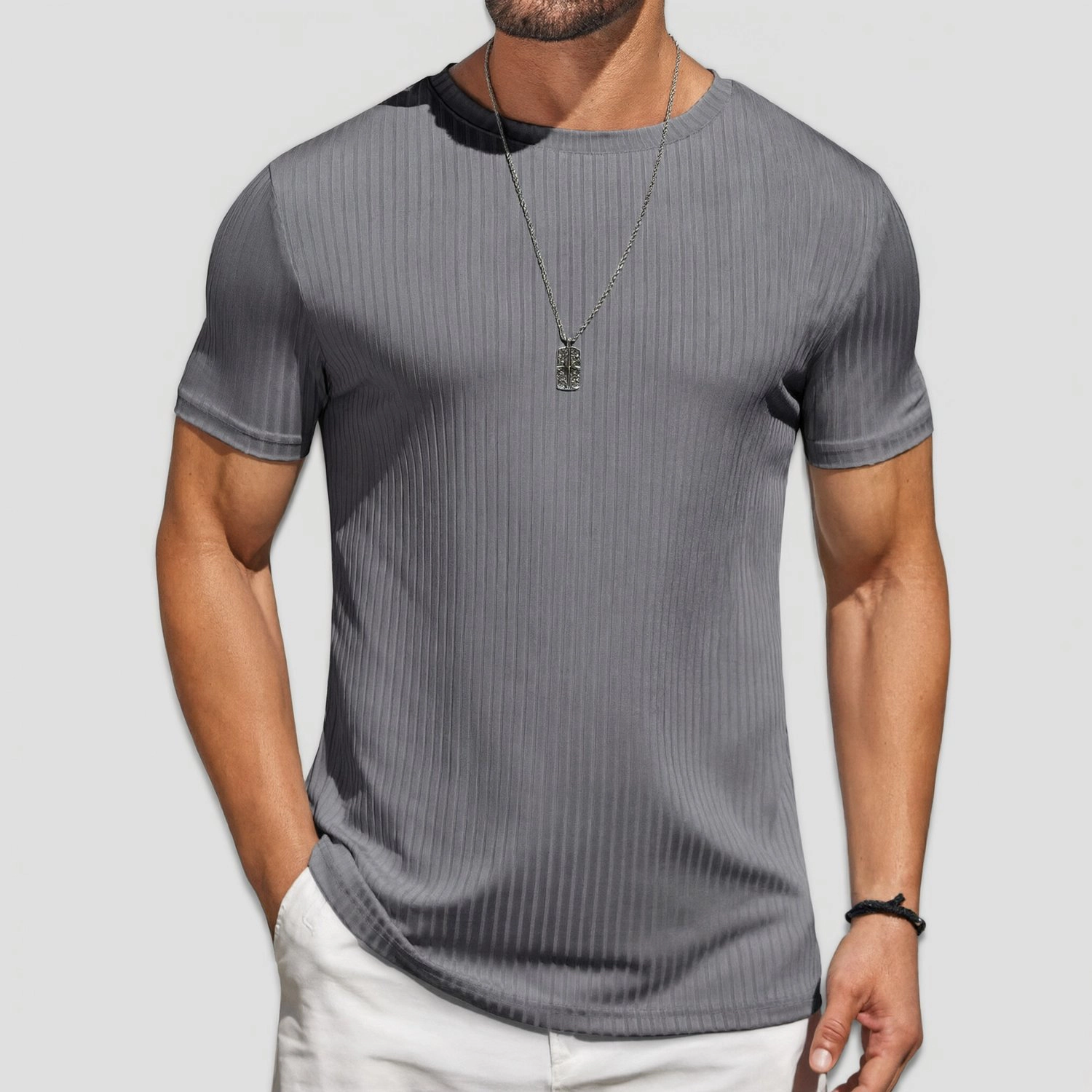 COOFANDY Mens Ribbed Short Sleeve T-Shirt Crew Neck Slim Fit Curved Hem Casual Tee
