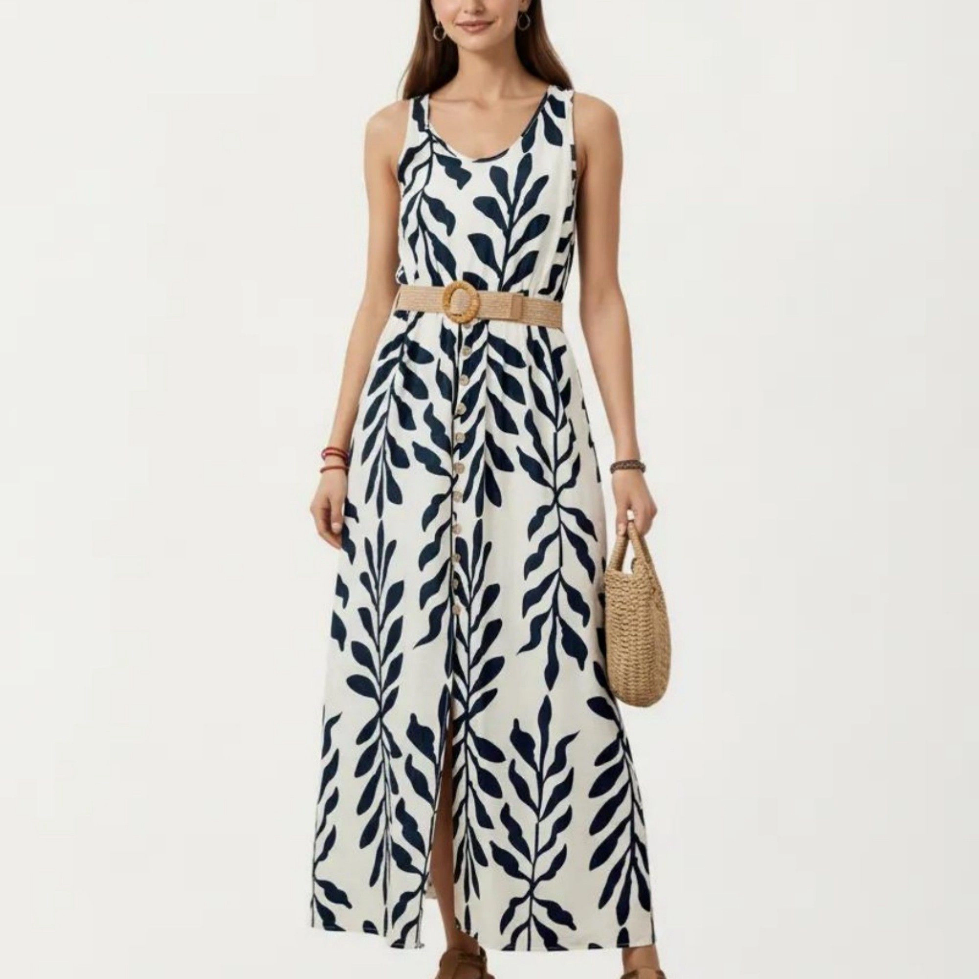 Anna-Kaci Womens Sleeveless Floral Button-Front Maxi Dress with Belt