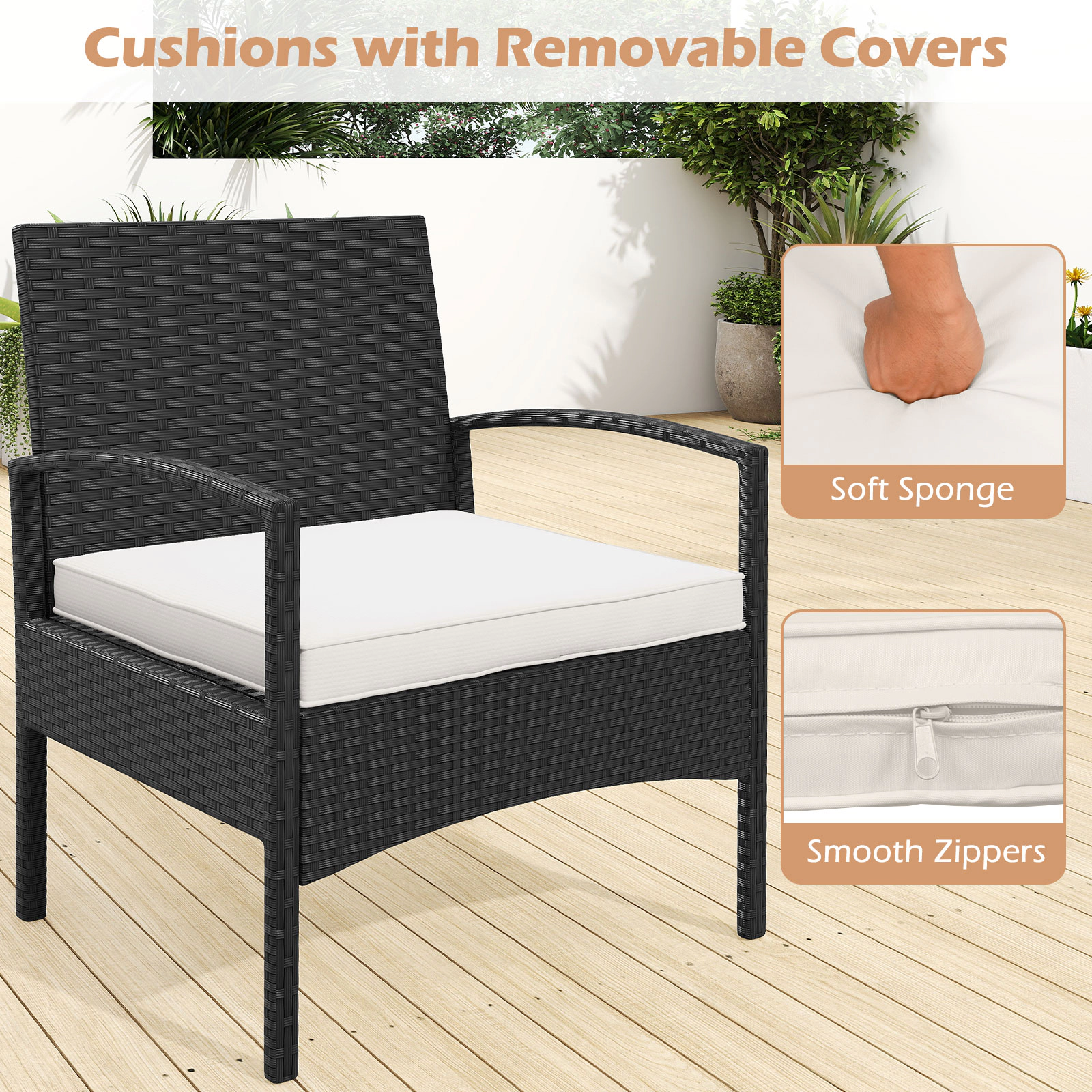 SUGIFT 3-Piece PE Rattan Patio Conversation Set Bistro Chairs & Table 400-lb Chair Capacity Black Rattan Beige Cushions