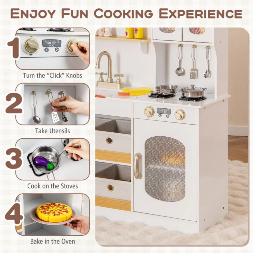 Hivvago Kids Kitchen Playset with Cooking Accessories and Toy Cuttable Veggies-White