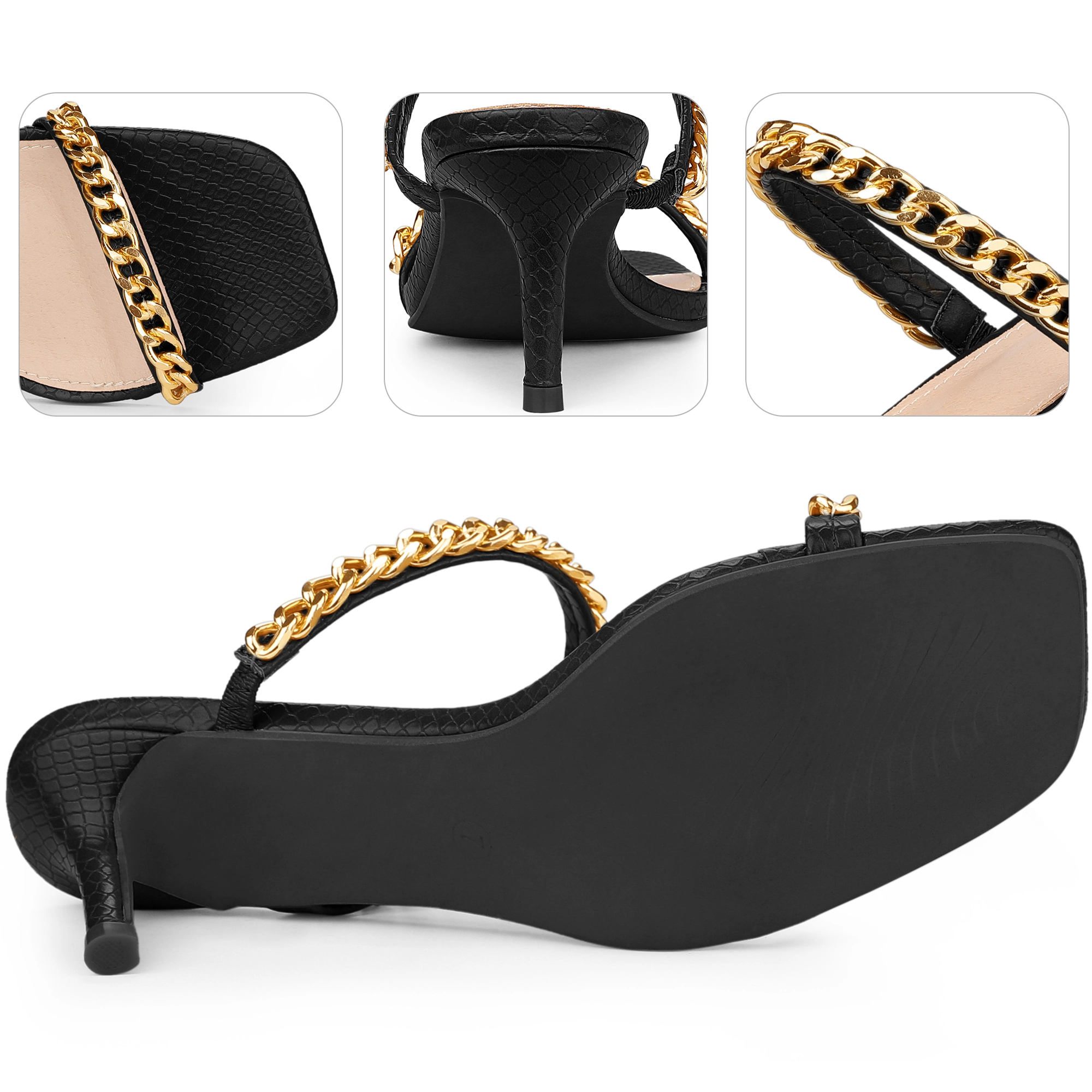 BLISSFUL STEP Women's Snakeskin Print Square Toe Gold Chain Stiletto Heels Sandals
