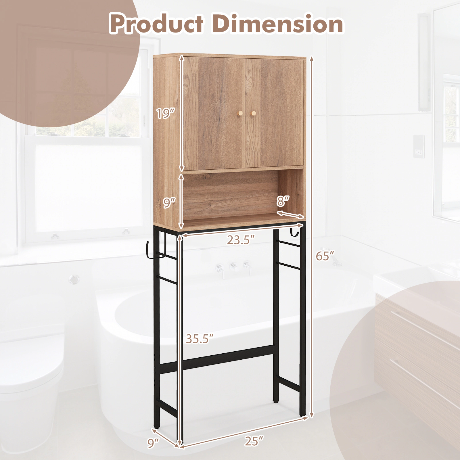 SUGIFT Over The Toilet Storage Cabinet with 2 Doors and Adjustable Shelf 9-in Deep 132-lb Capacity Natural Black White