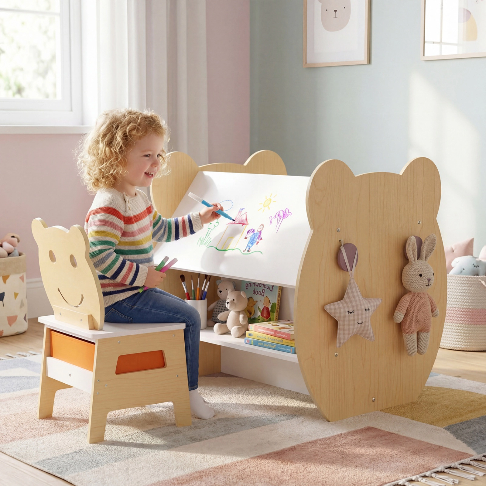 SUGIFT 3-in-1 Kids Art Table & Chair Storage & Reversible Whiteboard Chalkboard 110-lb Tabletop for Ages 3-10 Natural