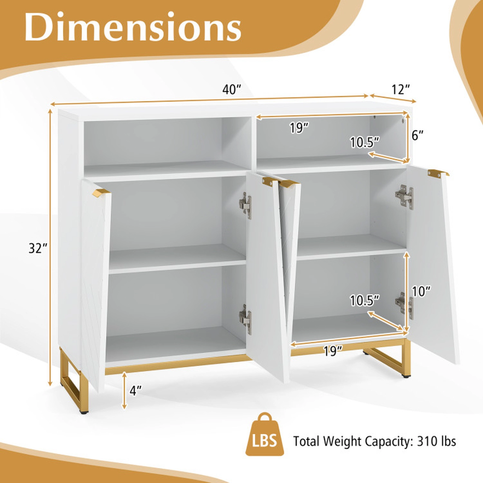 SUGIFT 4-Door Diamond Textured Gold Handles Modern Sideboard Cabinet 40-in x 12-in x 32-in 220-lb Capacity White