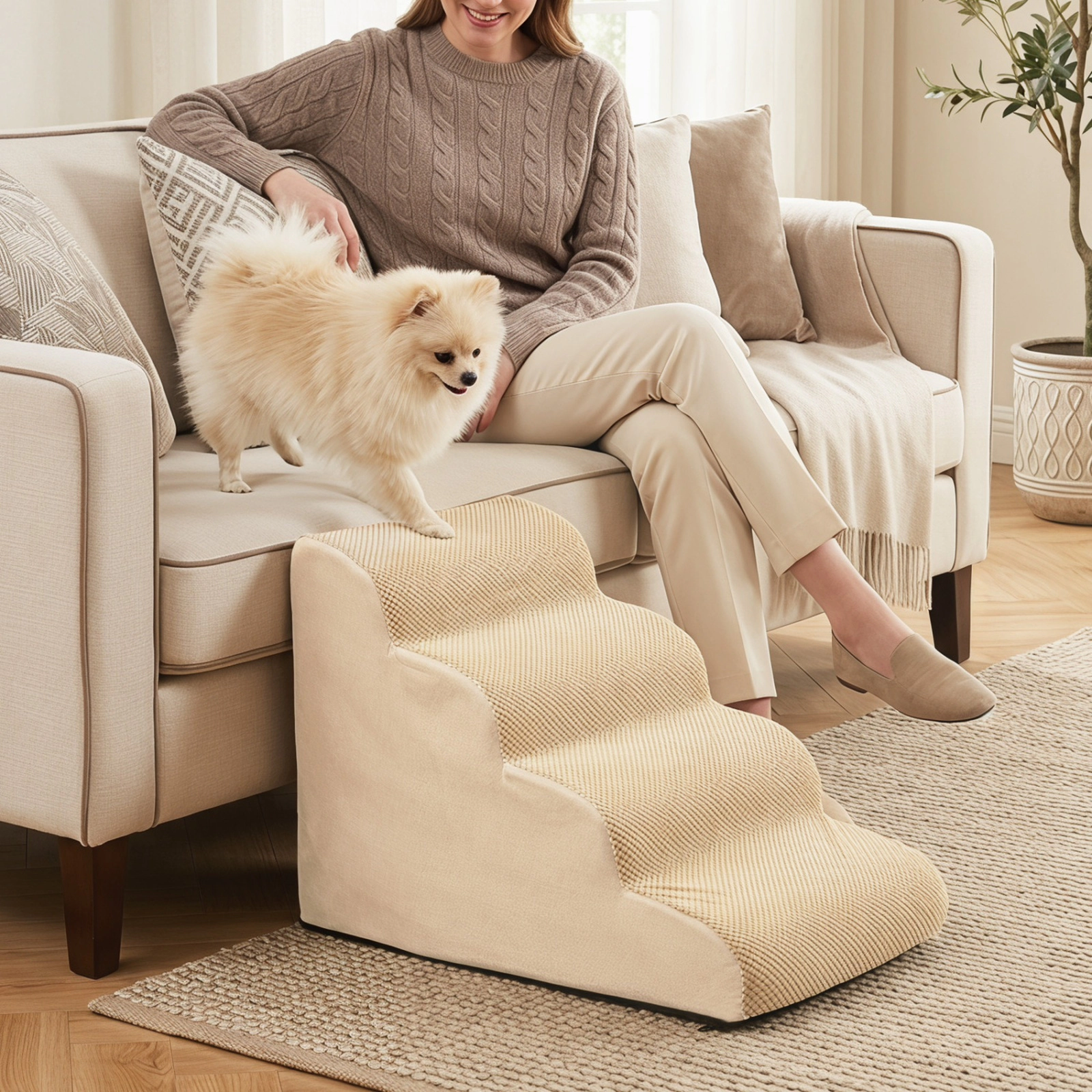 SUGIFT Beige 4-Tier Foam Dog Stairs with Washable Zippered Cover 28.5-in W 16-in D 20-in H 132-lb Step Capacity