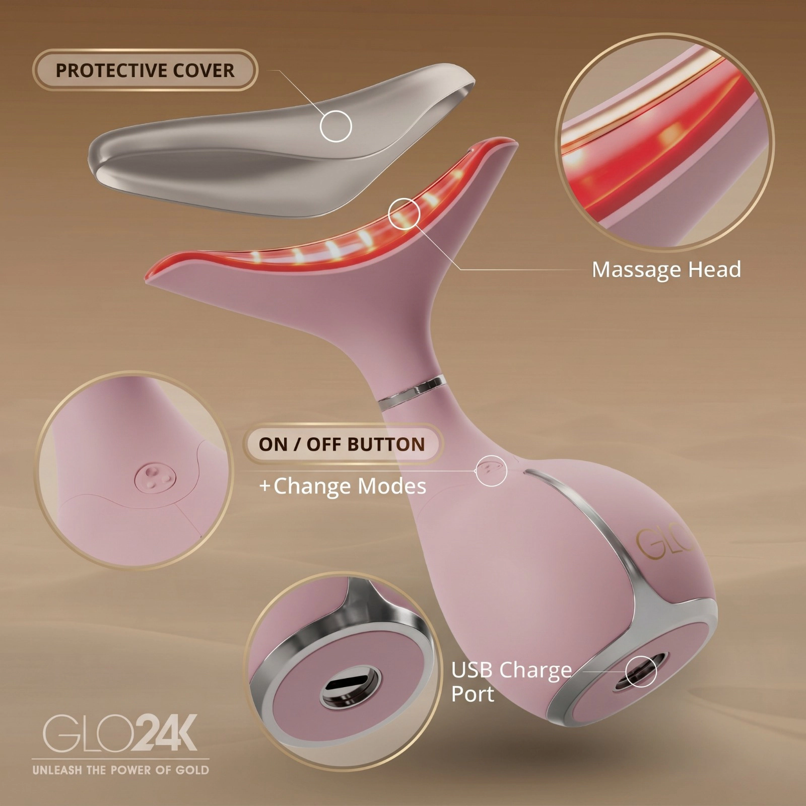 GLO24K Skin Rejuvenation Beauty Device for Face and Neck ( Limited Edition - Metallic Pink)