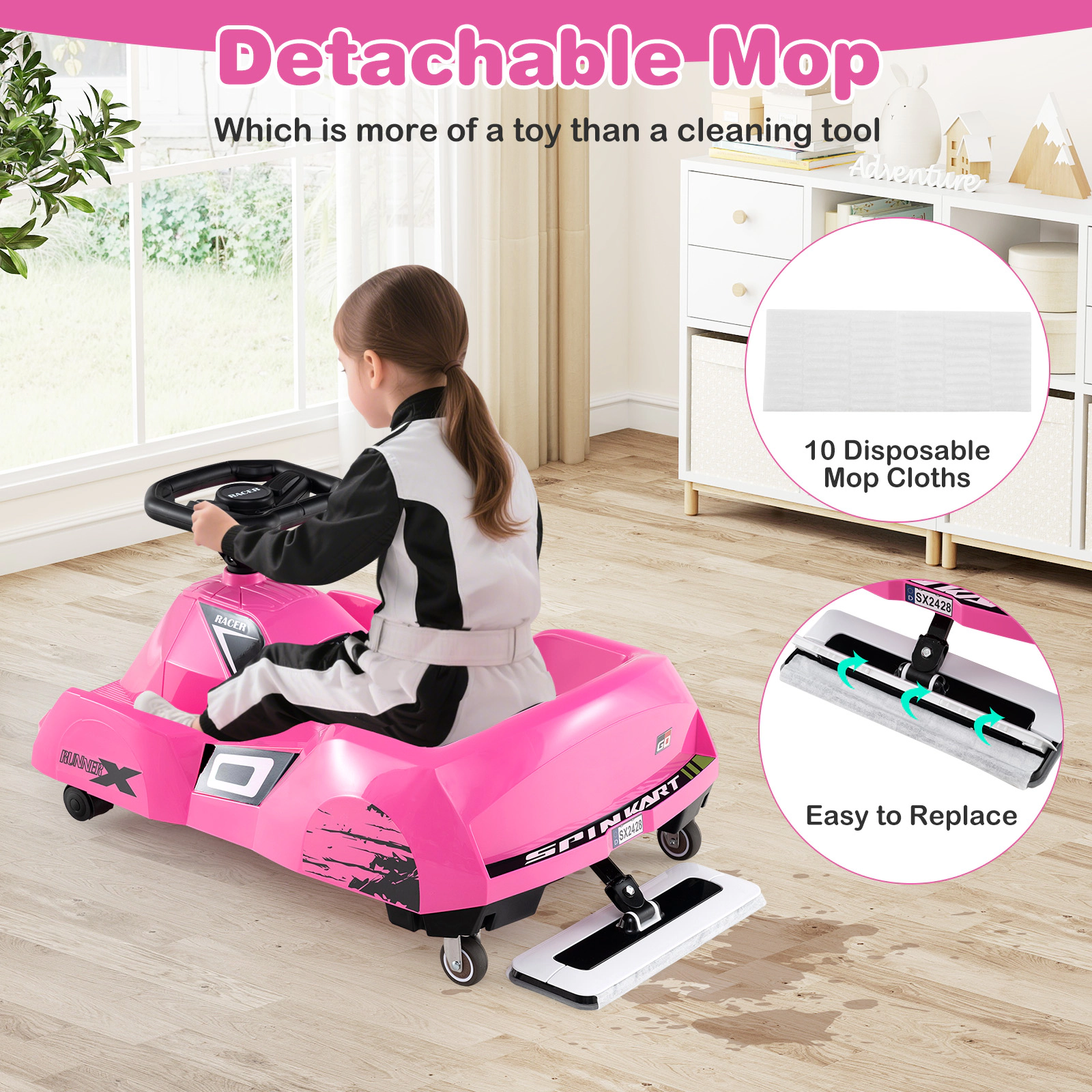 SUGIFT Pink Detachable Mop and Remote Control 12V Kids Electric Cleaning Go Kart