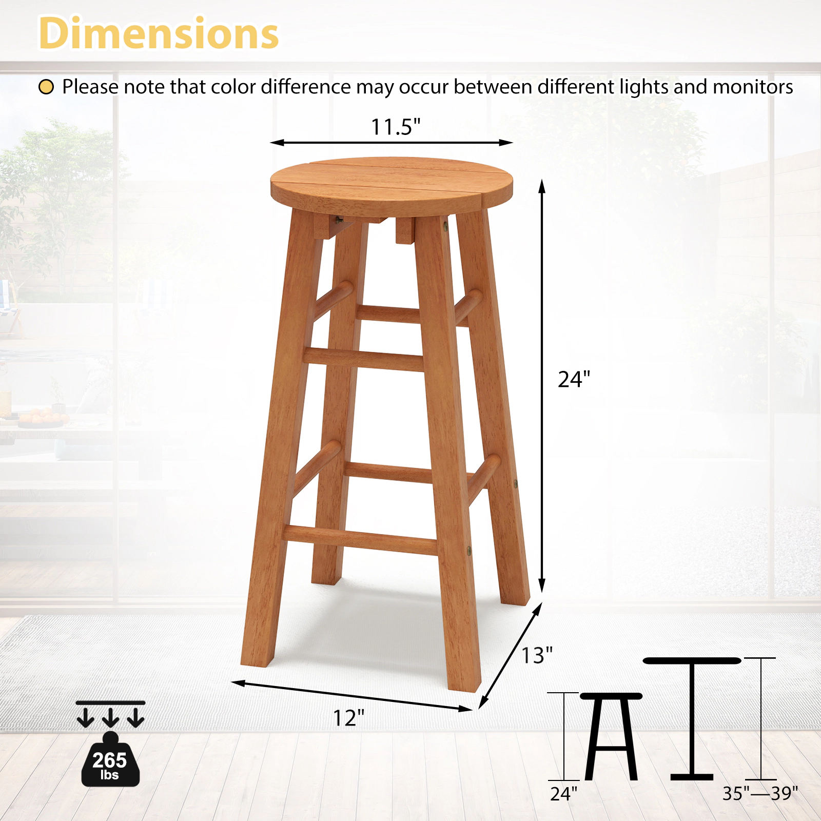 SUGIFT Round Seat and Footrest Set of 2 Natural Eucalyptus Wood 24 in Outdoor Bar Stools