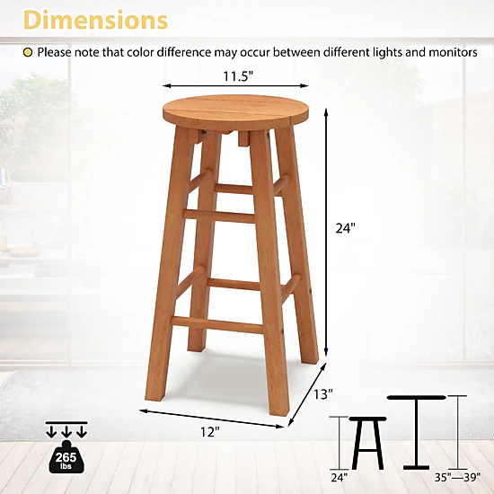 SUGIFT Set of 2 Round Seat and Footrest Eucalyptus Wood 24-in 265-lb Rated Outdoor Bar Stools Natural