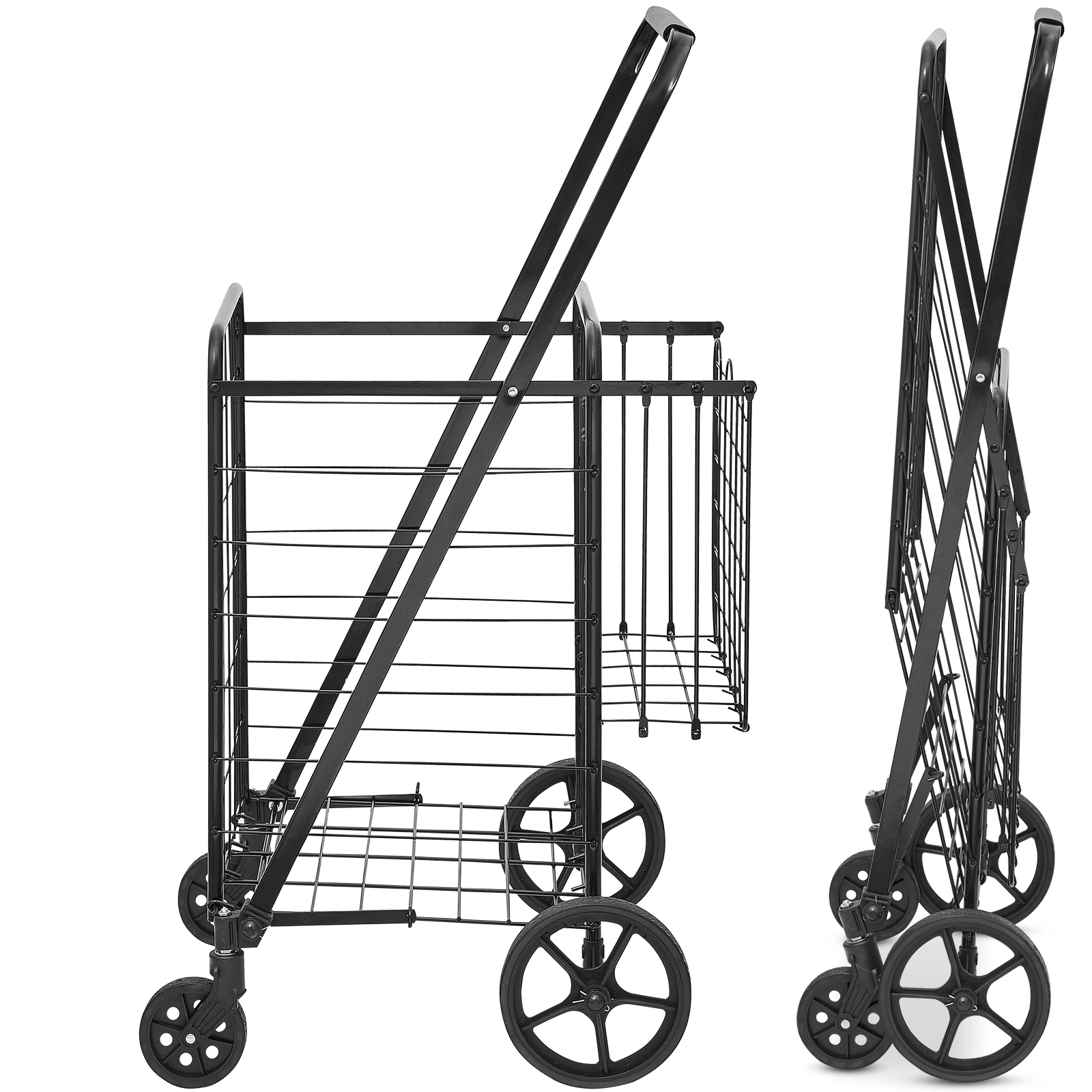 HONGGE Folding Utility Cart with Dual Baskets, 360° Swivel Wheels, 110 Lbs Capacity Rolling Laundry & Grocery Hamper