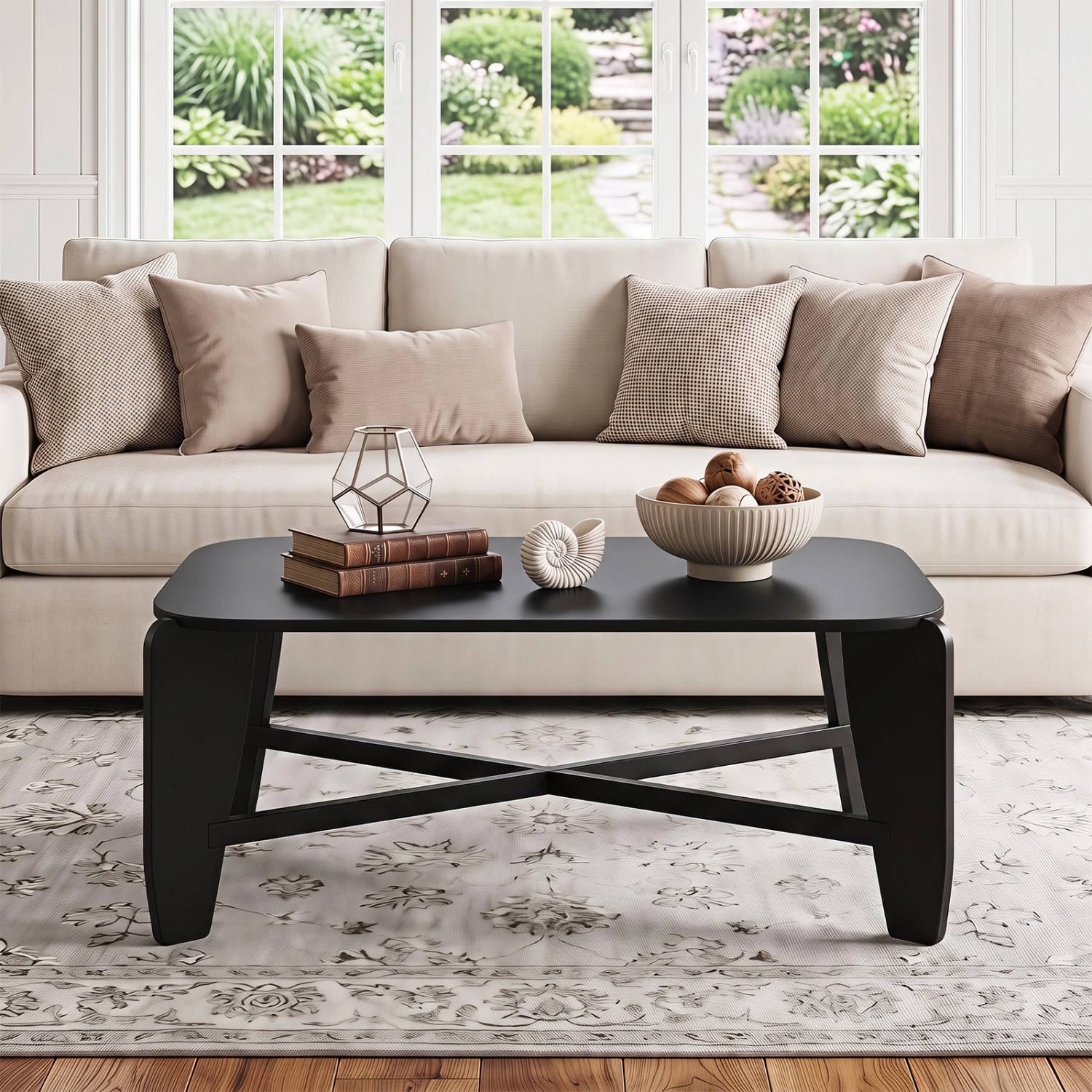 LJG Modern Coffee Table with Rubber Wood Cross-Leg Base Rectangular Center