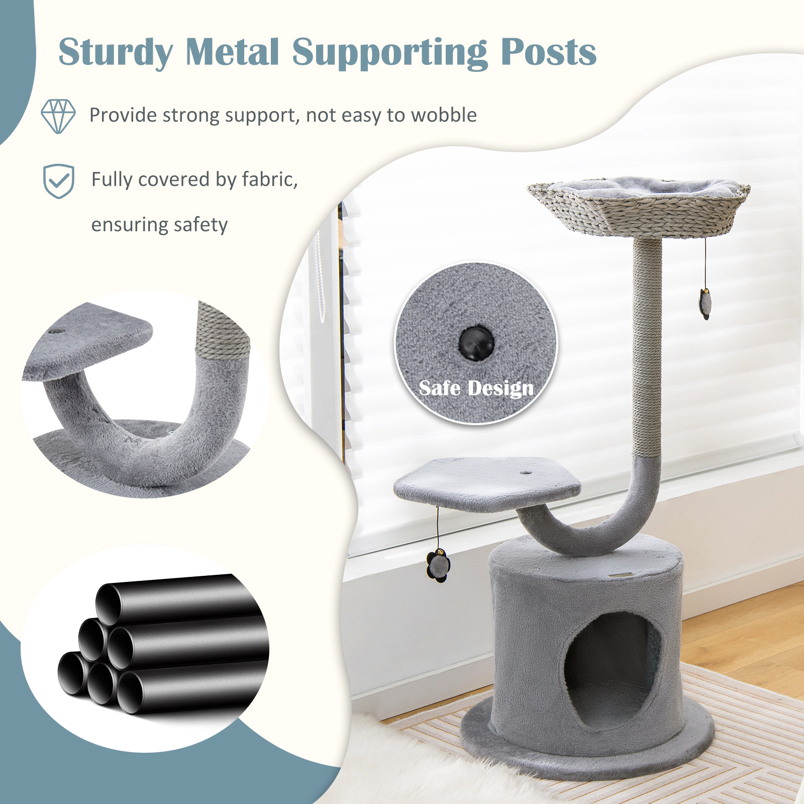 SUGIFT 42 in Cat Tower Gray 3-Tier with Curved Metal Frame Top Perch and Private Condo