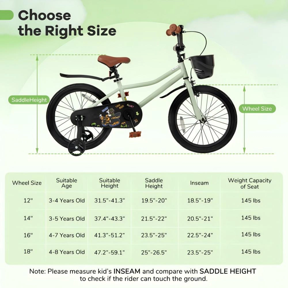 SUGIFT 18-Inch Kids Bike with Dual Brakes Training Wheels 145-lb Capacity Ages 4-8 Adjustable Seat Green