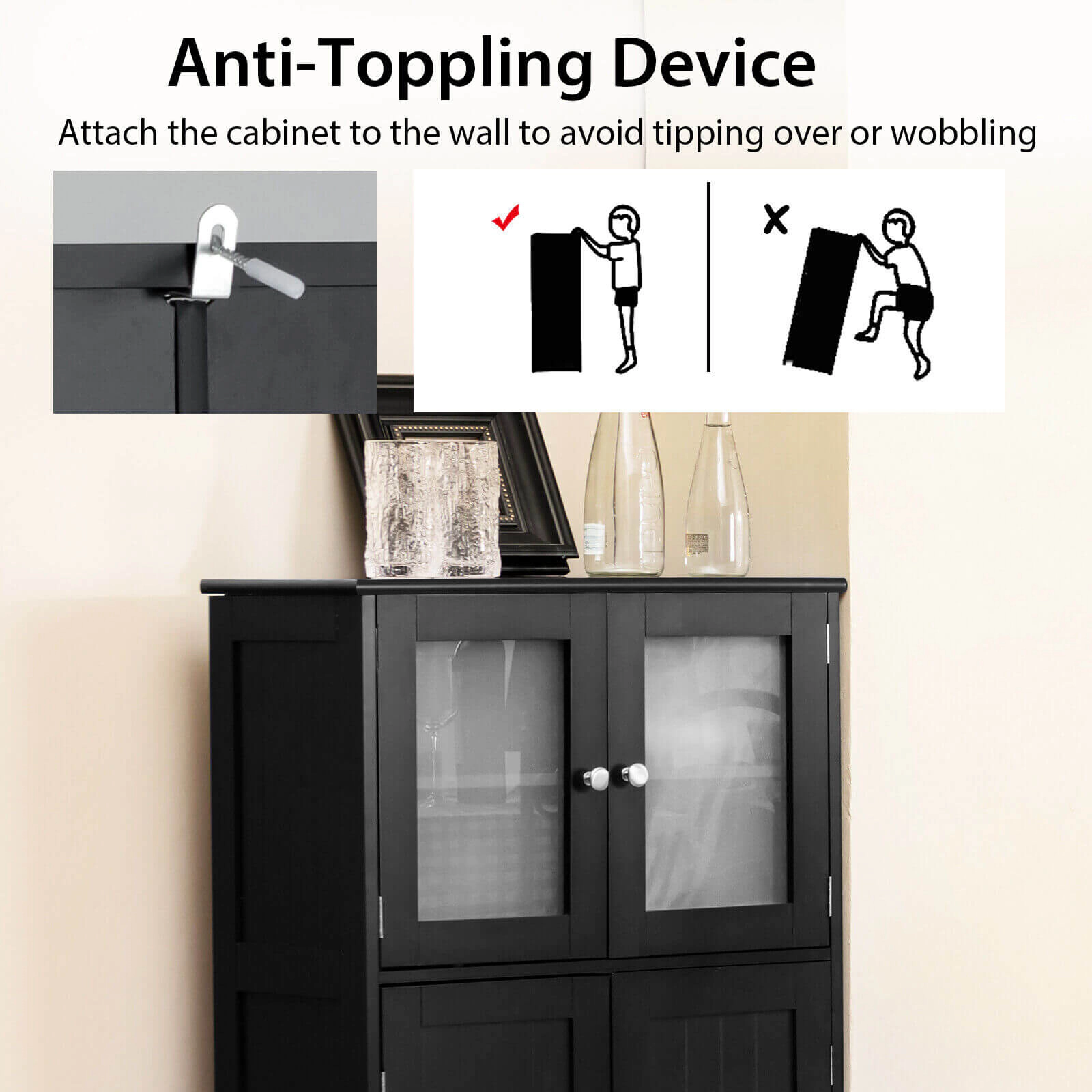 Glintex 43-Inch Storage Cabinet with Tempered Glass Upper Doors and Metal Hinges