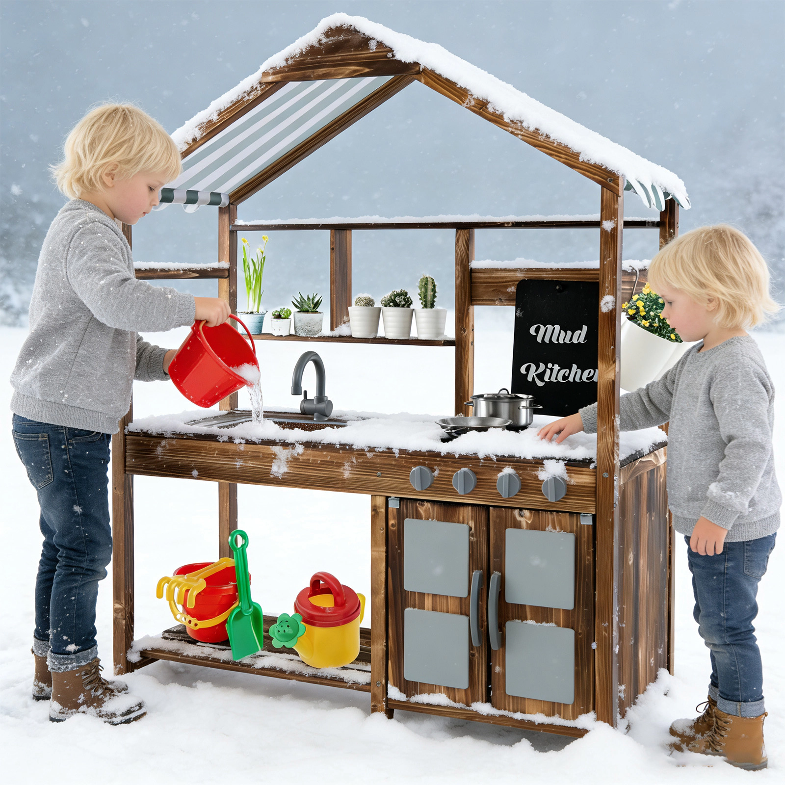 LJG Kid's Mud Kitchen Outdoor Solid Wood Mud Kitchen with Canopy