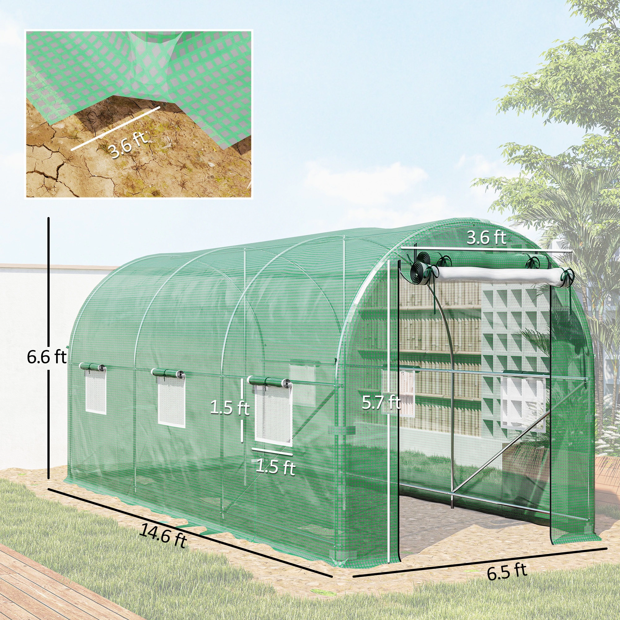 HONGGE Hoop House Greenhouse Walk-in Tunnel with 2 Support Rods Zippered Roll-up Mesh Door 14.6'x6.5'x6.6'