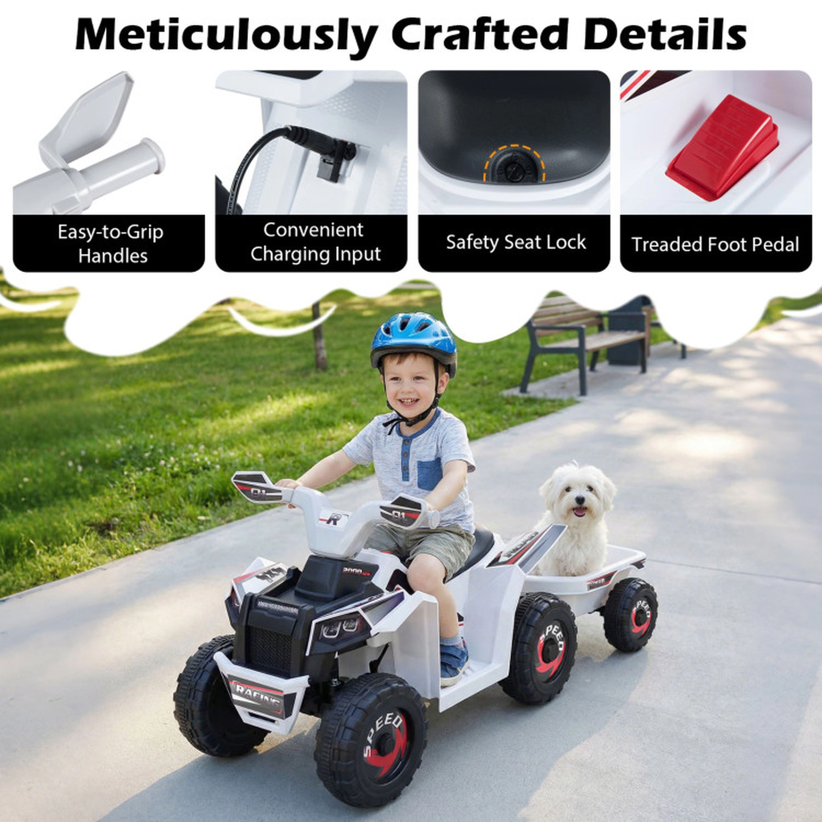 SUGIFT 6V Battery-Powered Kids Electric ATV Quad Car with Detachable Trailer 66-lb Capacity Ages 3+ 41-in Long White
