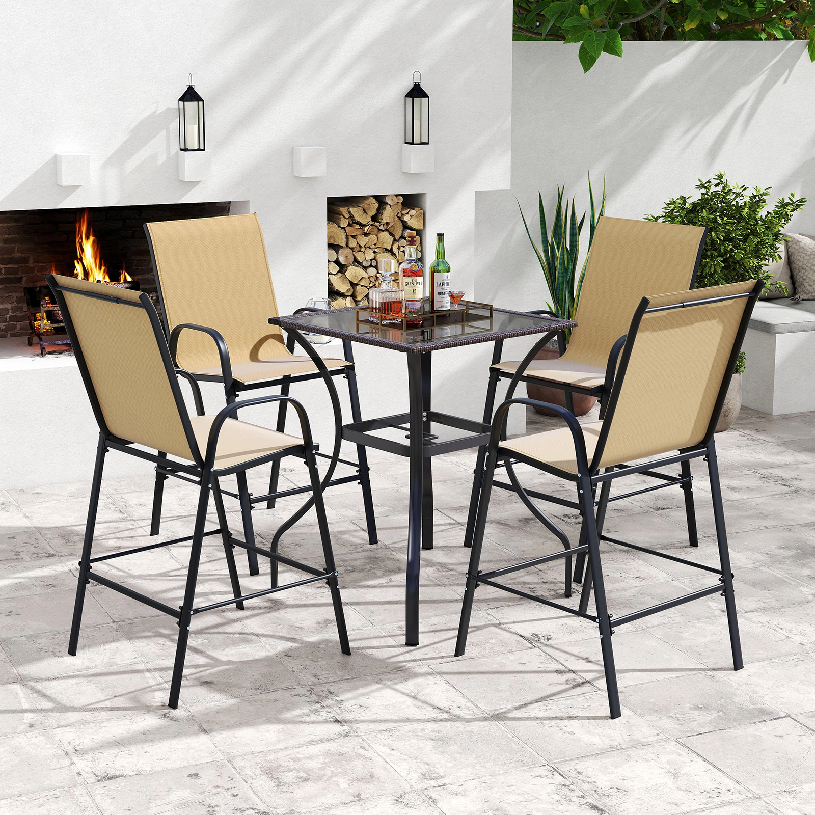 SUGIFT Outdoor Fabric Bar Height Stool Set of 2 with Armrests 29-in Seat Height 330-lb Capacity Beige Bar Set
