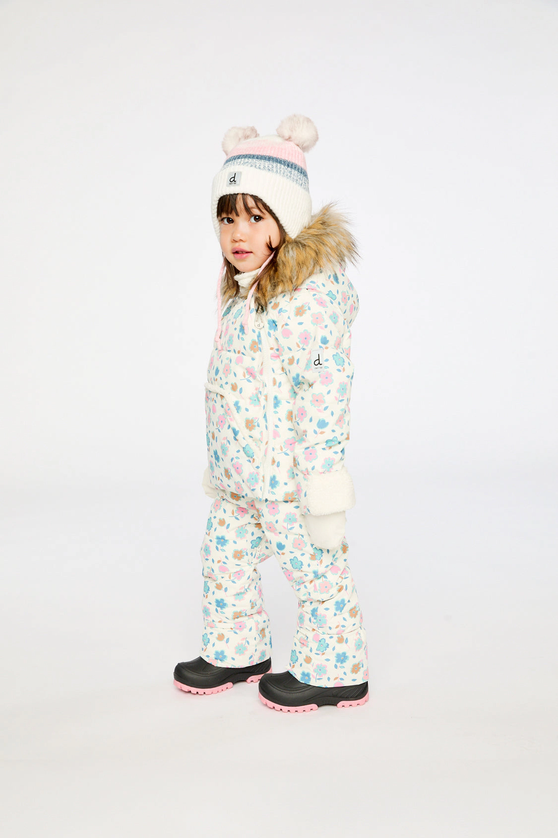 Deux par Girls Snug Floral Print One Piece Snowsuit Adapted for Car Seats with Faux Fur-Trimmed Hood