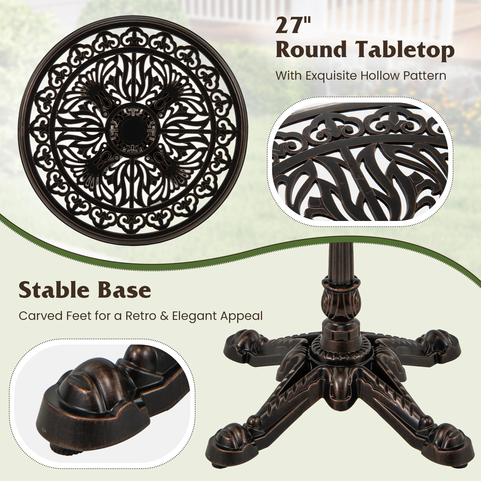 SUGIFT Weather-Resistant Cast Aluminum Patio Bistro Table 27-in Round Top 165-lb Capacity 28.5-in Tall 1-Piece Copper